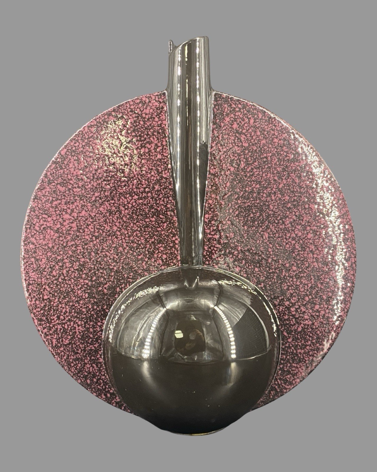 Unique Sculptural Glazed Art Pottery Vase Black Base Pink Speckled Disc 14.75\
