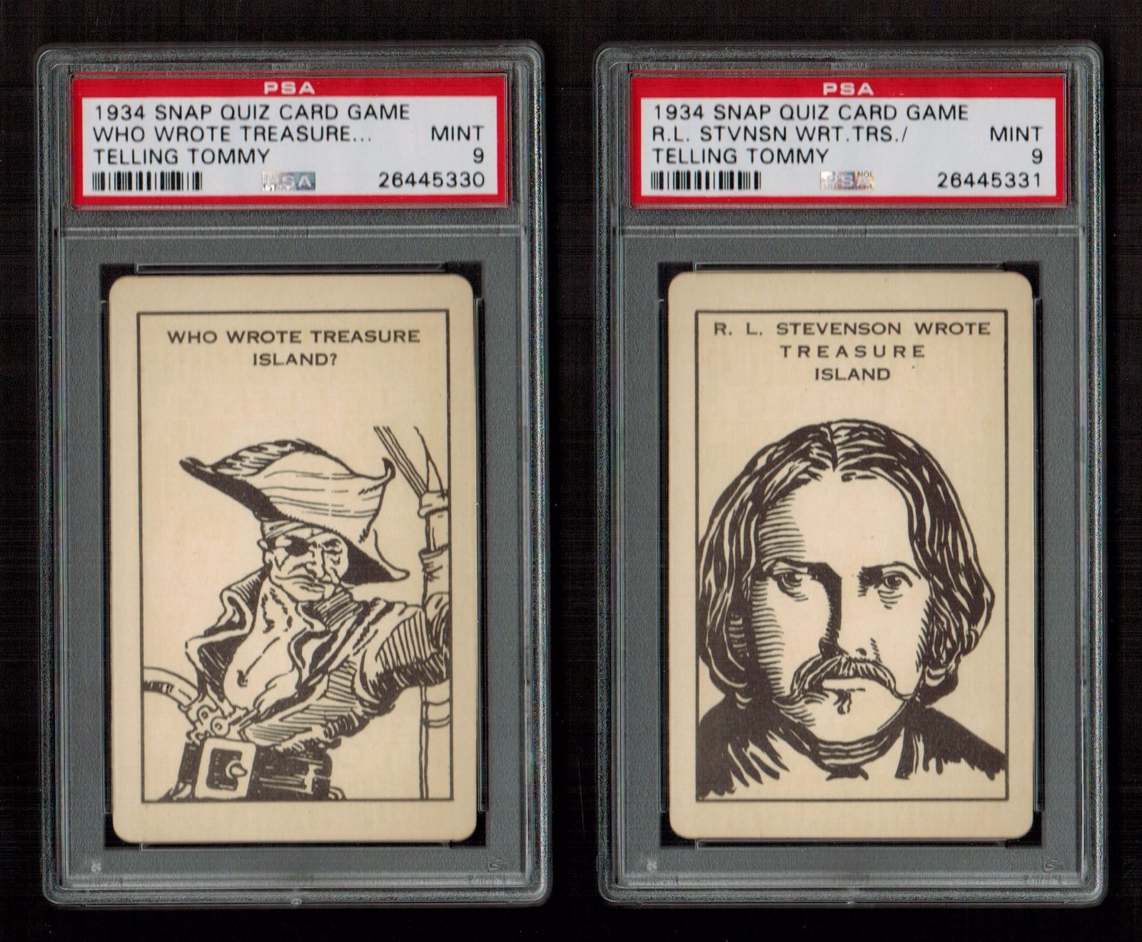 PSA 9 ROBERT LOUIS STEVENSON Two Spectacular 1934 Snap Quiz Card TREASURE ISLAND