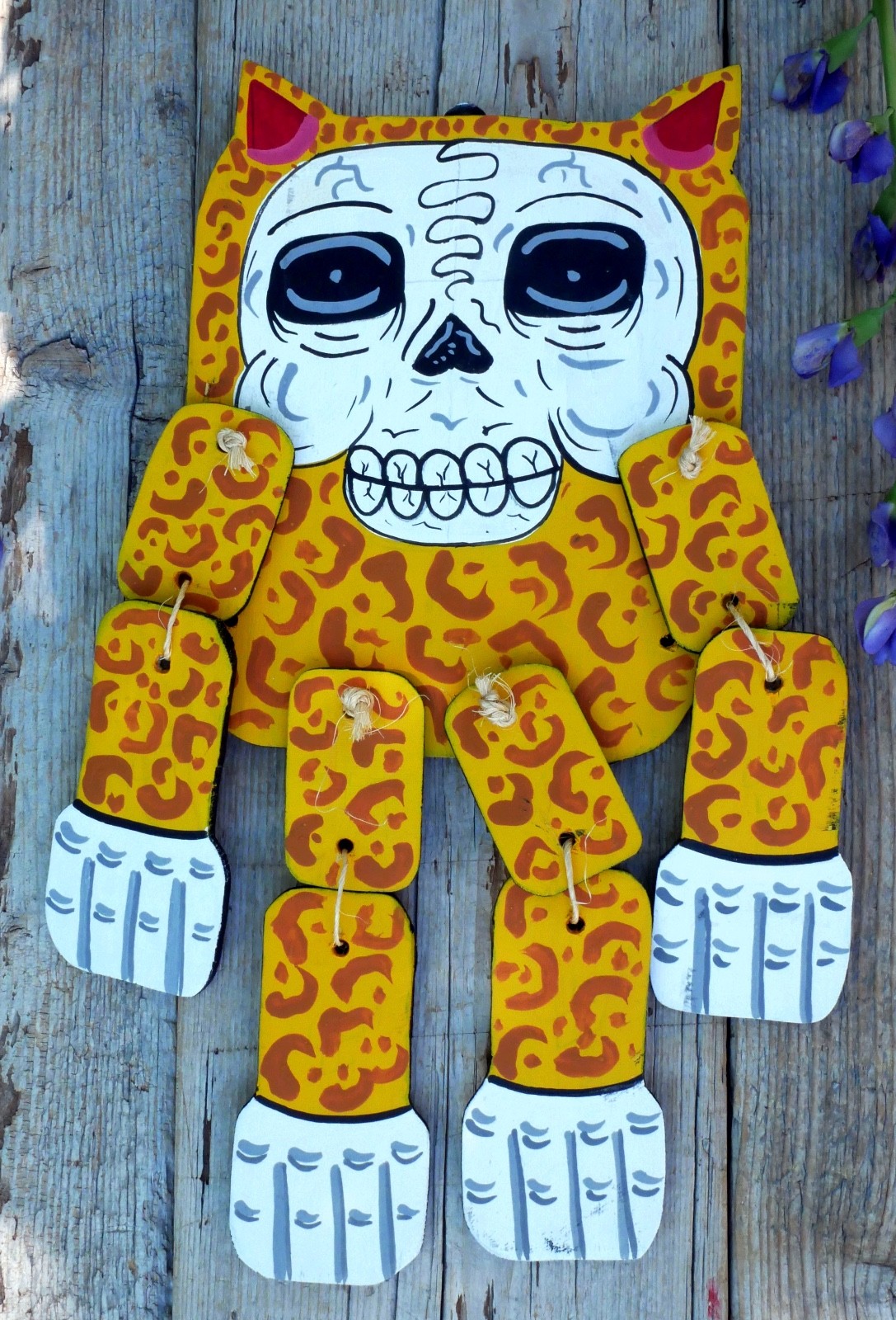 Day of the Dead Skeleton Jaguar Man Doll Marionette Wood Handmade Mexican Folk