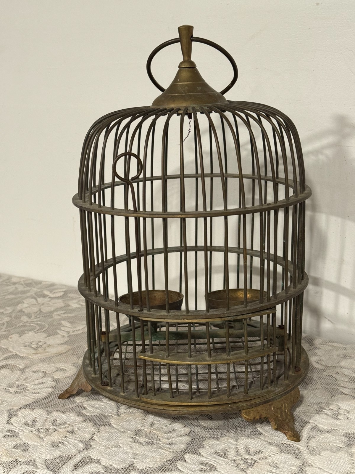 Antique Brass Domed Bird Cage & Two Feeders - Hanging Large Ring