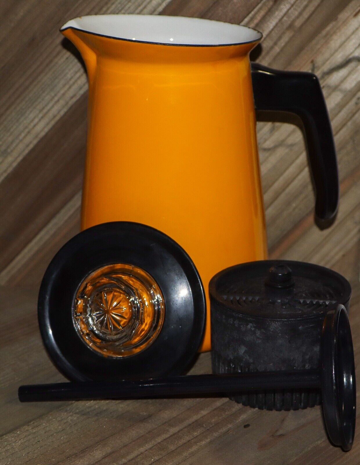Enamelware Percolator Orange Coffee Pot w/ Insert Mid Century Modern Vtg
