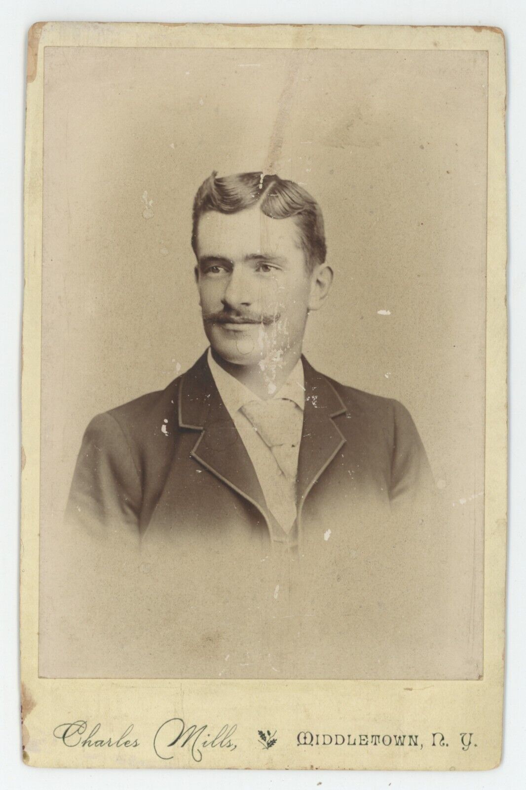 Antique Circa 1880s Cabinet Card Handsome Man With Great Mustache Middletown, NY