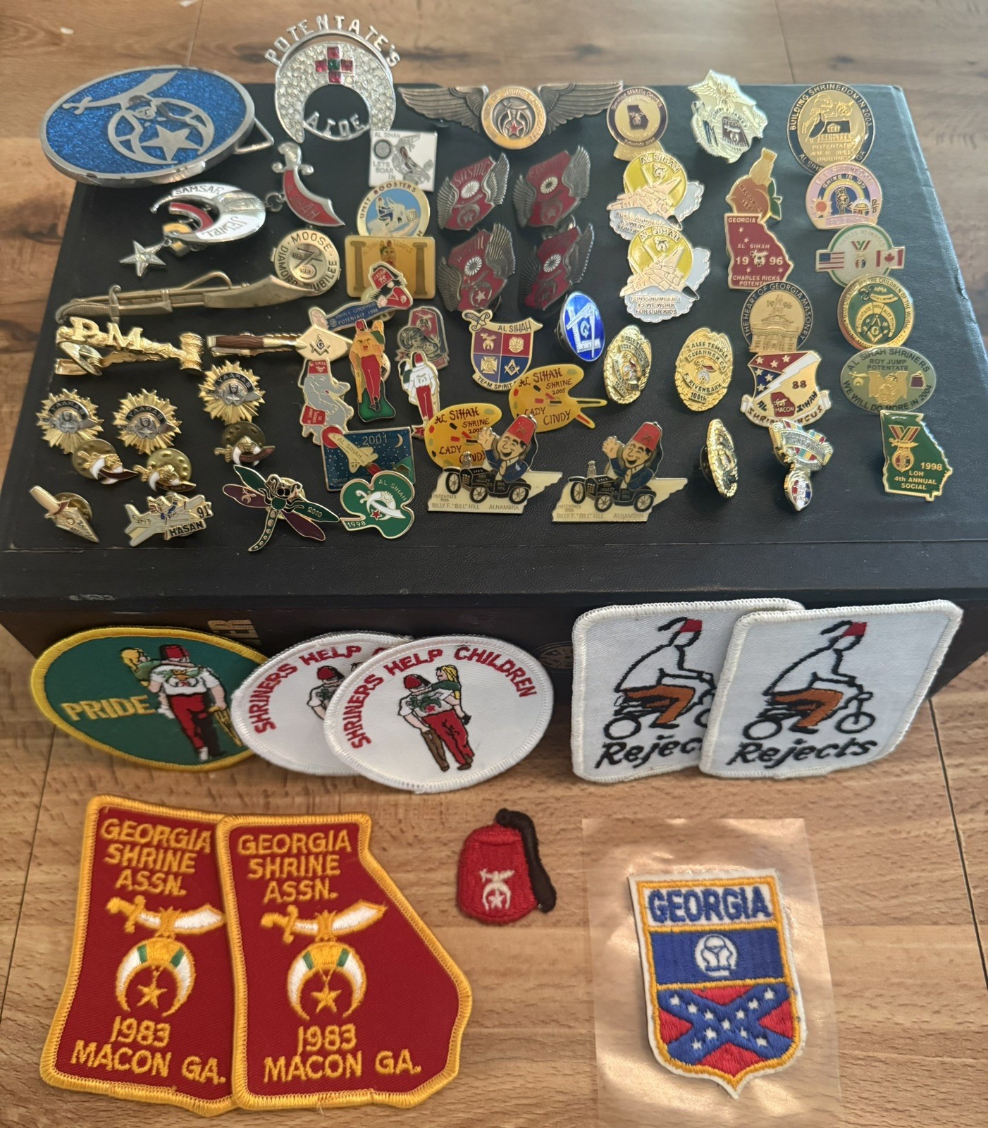 Lot of over 60 Shriners - Masonic Pieces/pins, Patches, Tie Clasps.