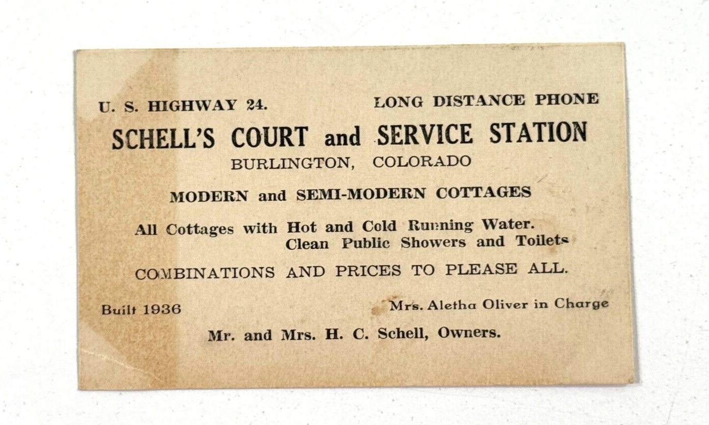 vtg 1930s 40s Schell's Court Service Station Advertising Card Burlington CO 