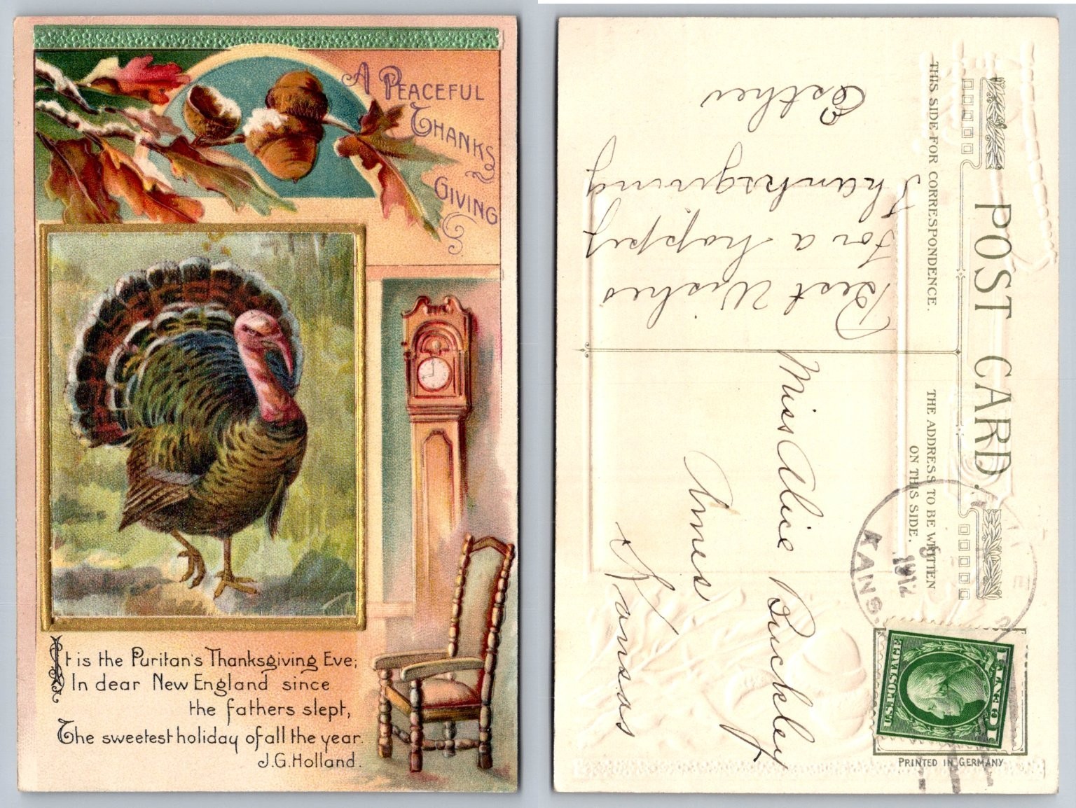 1914 Thanksgiving Postcard Turkey Puritan New England Topeka Kansas Embossed