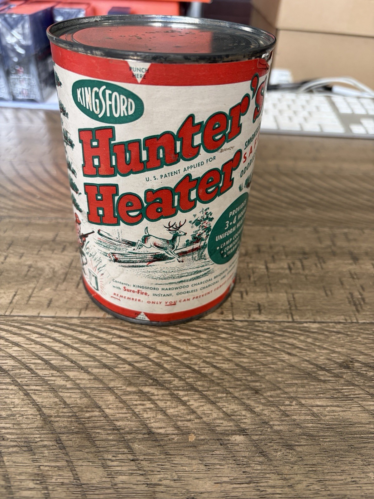 Vintage Kingsford Hunter\'s Heater Sealed Can Camping Classic Graphics Iron Mtn.