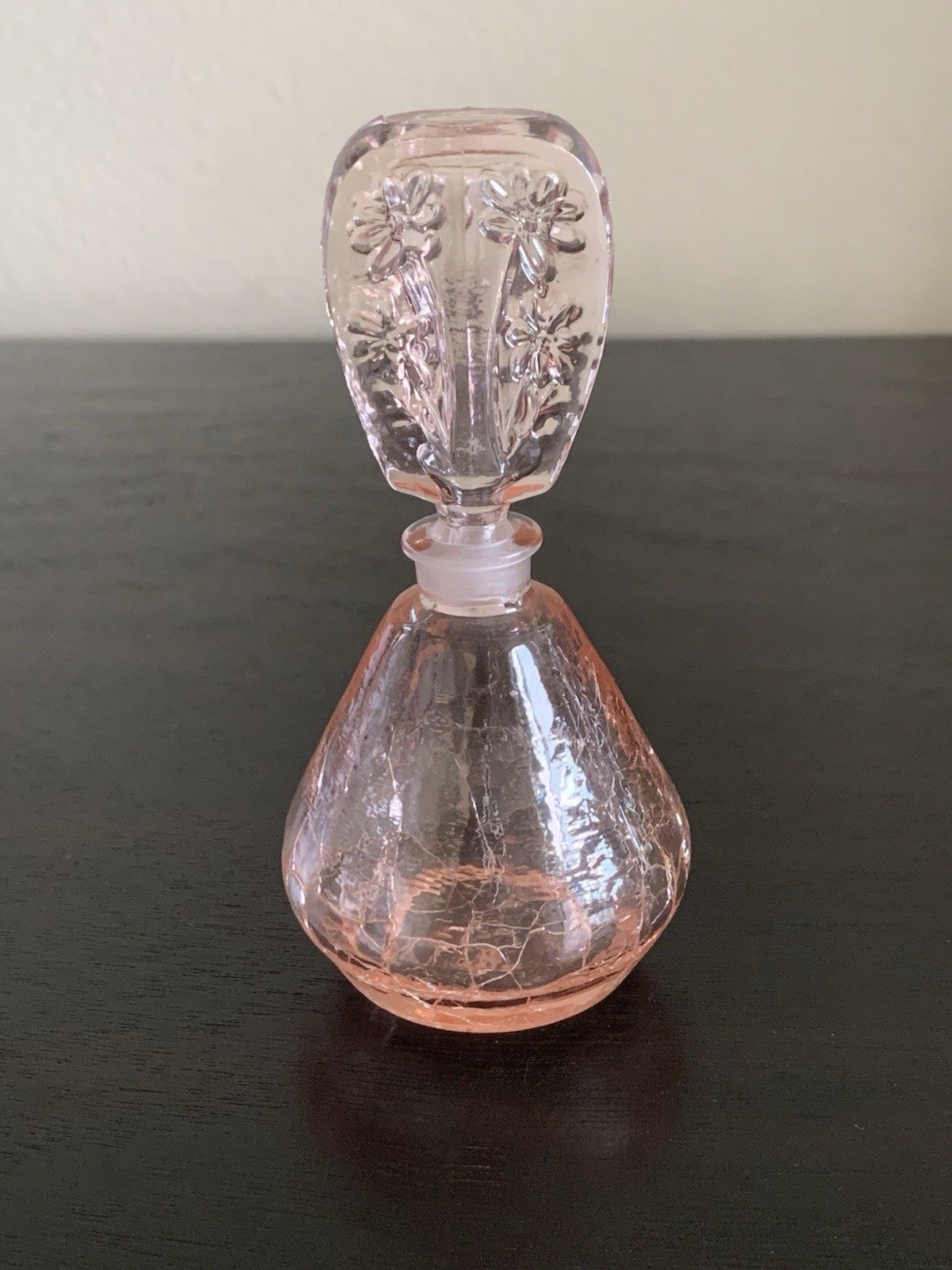 Vintage Irice Pink Crackle Glass Perfume Bottle With Floral Intaglio Stopper