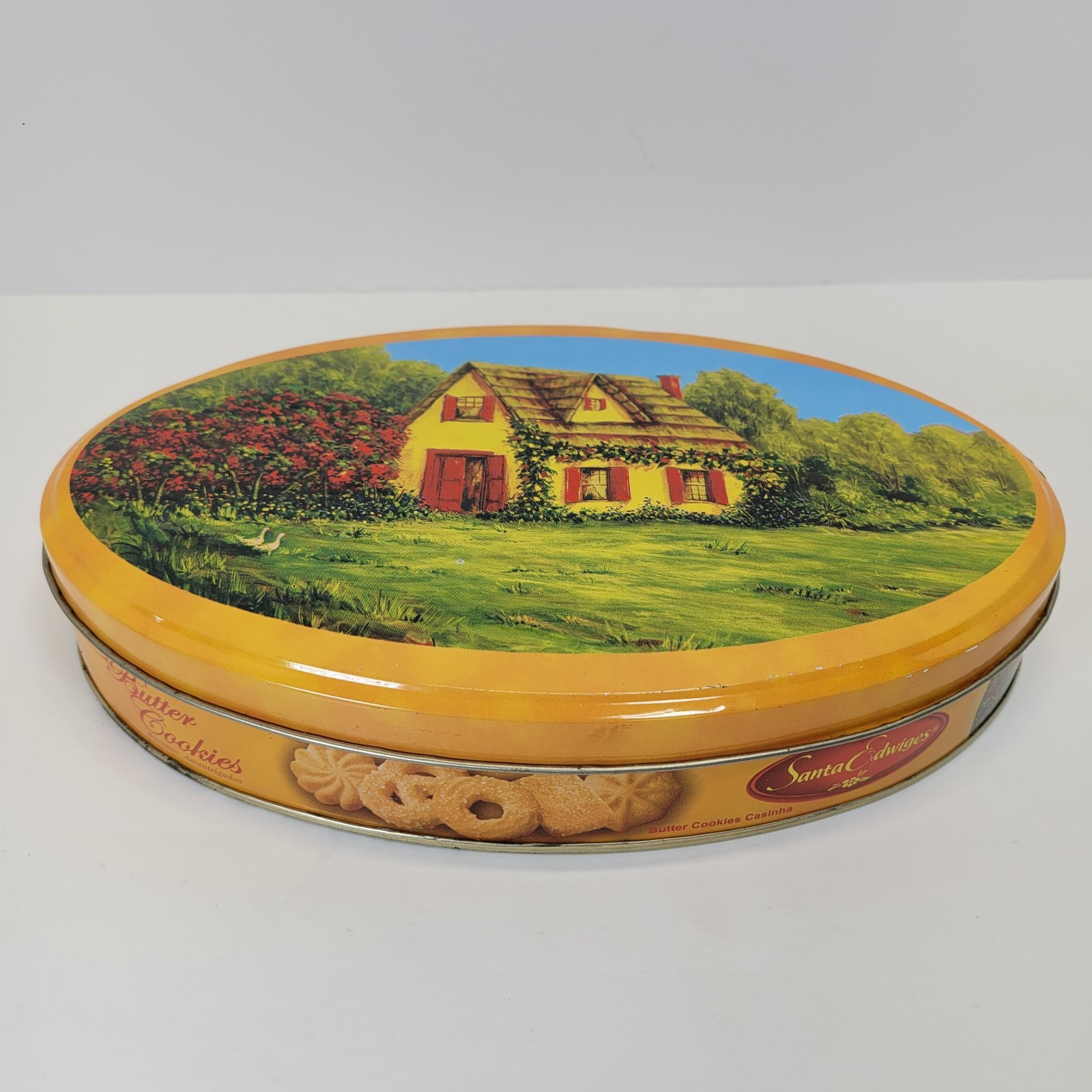 Embossed Santa Edwiges  Old World Cottage Butter Cookie Tin Oval Dated 2005