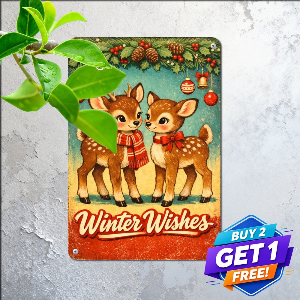 Two Fawns Winter Deer Sign Cute Christmas Wildlife Animal Metal Tin Plaque