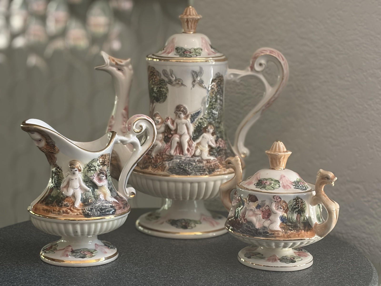Vintage Capodimonte Italy Demitasse Cherub/Dragon Set Of 3 Tea Set