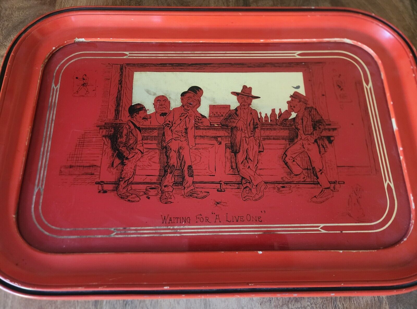 Vtg WESTERN BAR Wood Framed MIRROR TRAY Wall Hanging WAITING FOR A LIVE ONE