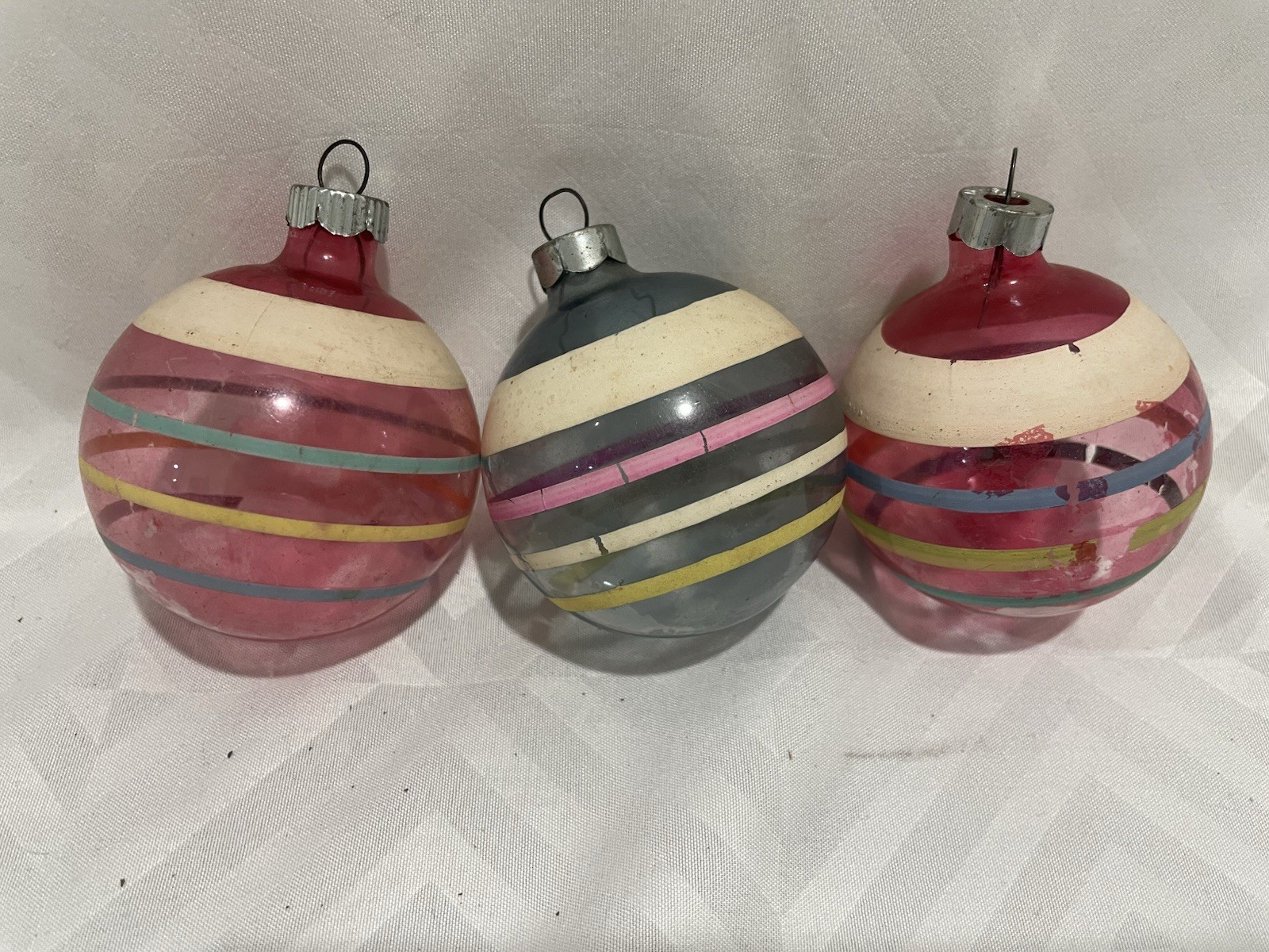 Vintage Shiny Brite Unsilvered Striped Ornaments (3) Pink And Blue