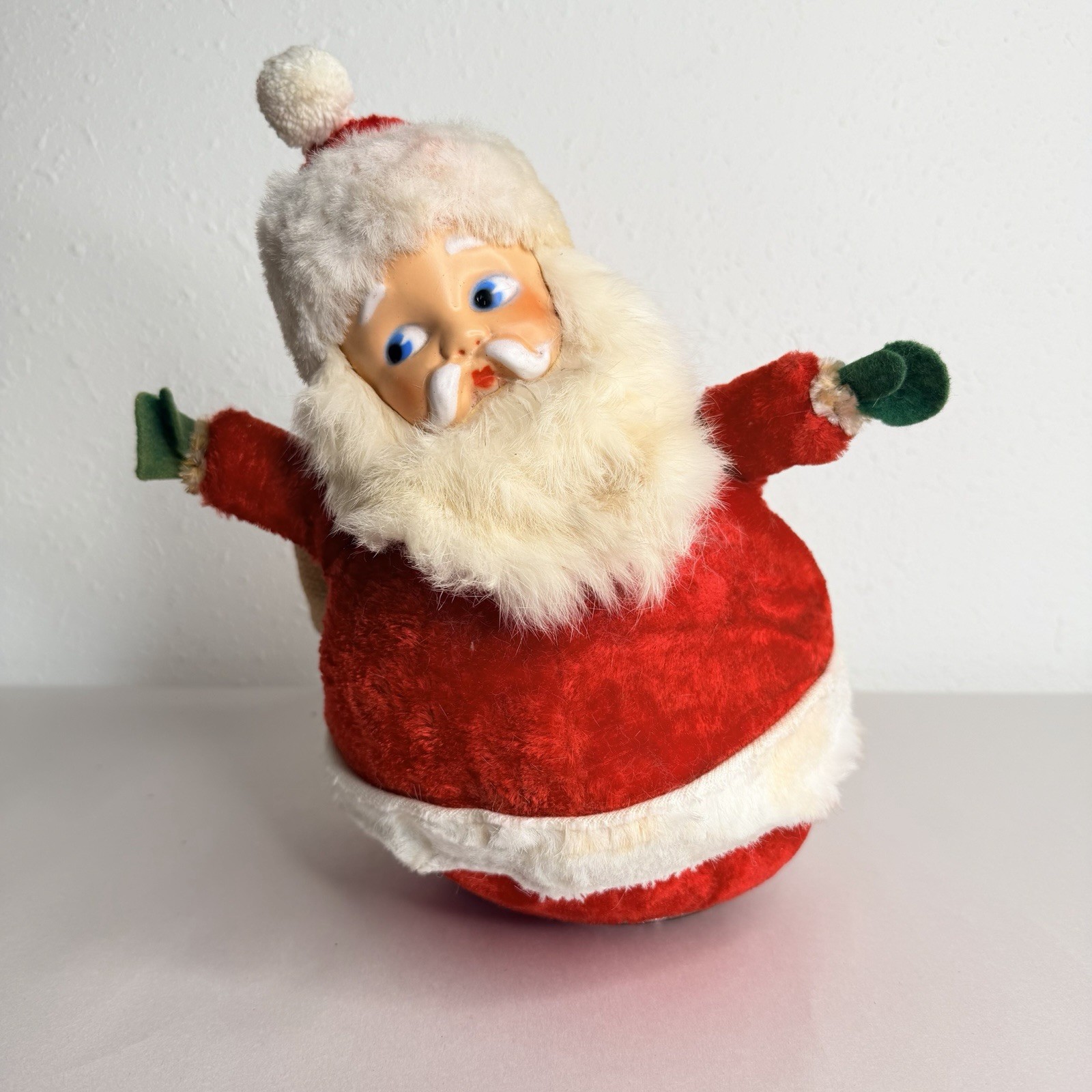 Vtg Rubber Face Roly-Poly Plush Santa Musical Christmas Figure 50's Working
