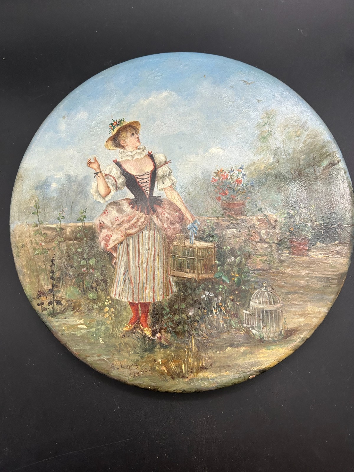 Antique 1890 F Lopez Hand Painted Spanish Ceramic Plaque Plate Valladolid Art 
