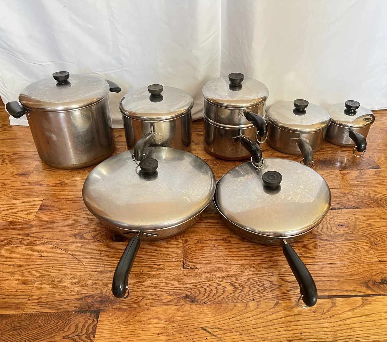 Vintage REVERE WARE 1801 Copper Bottom Cookware Set 15 PC Pots Pans Pre-1968 USA