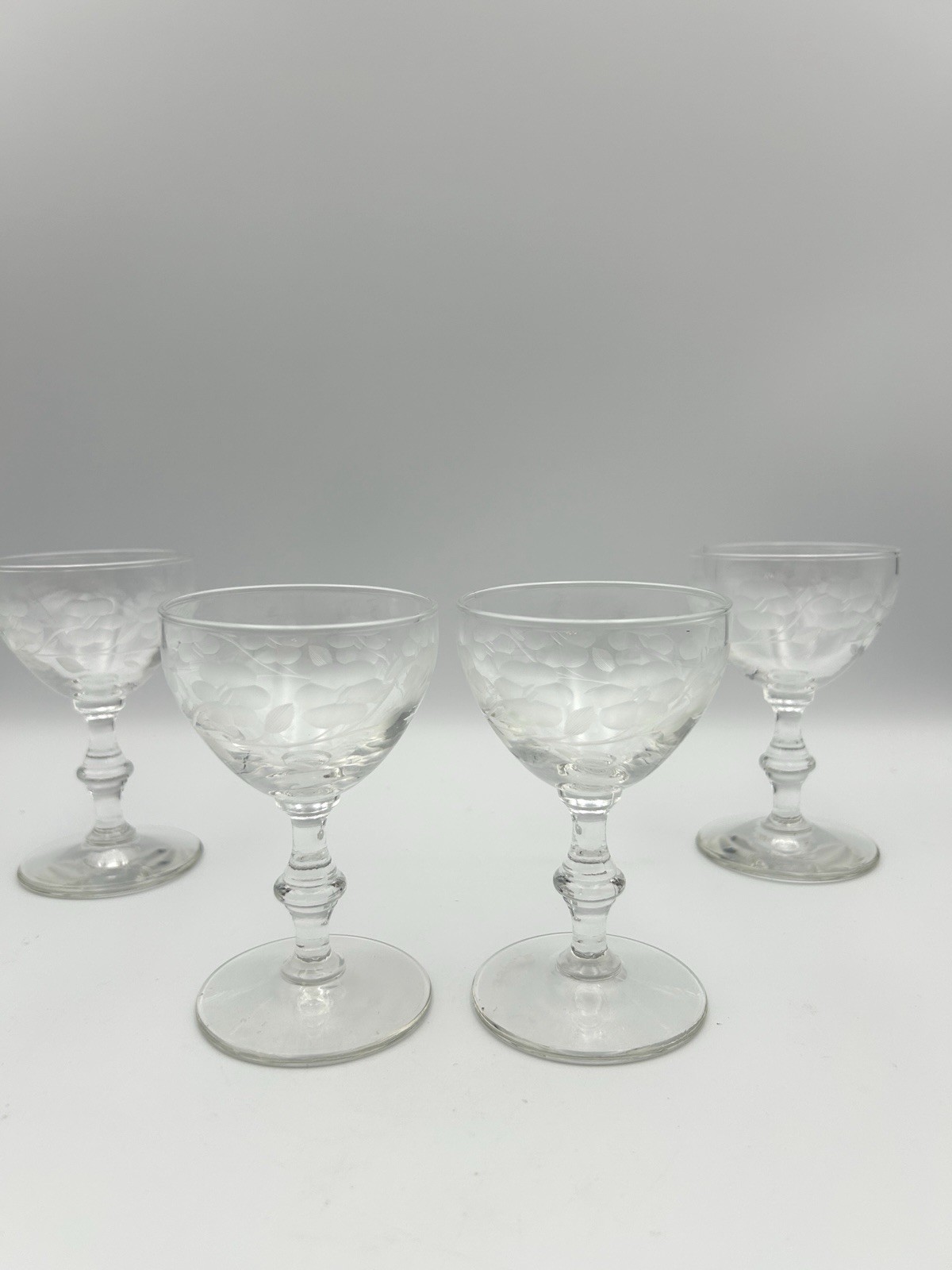 Vintage Clear Etched Floral Champagne Cocktail Glasses Set of 4 Elegant Stemware