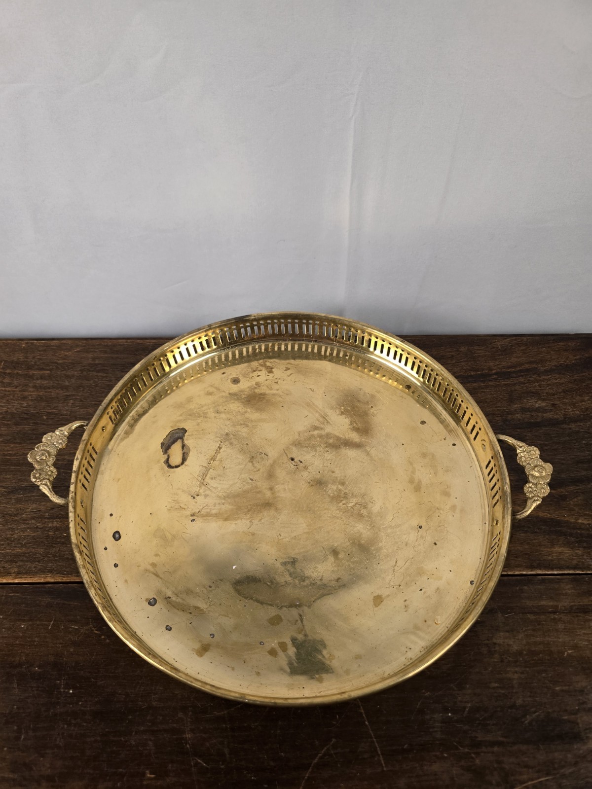 Vintage Round 11.25 In Brass Filigree Butler Vanity Serving Tray With Handles