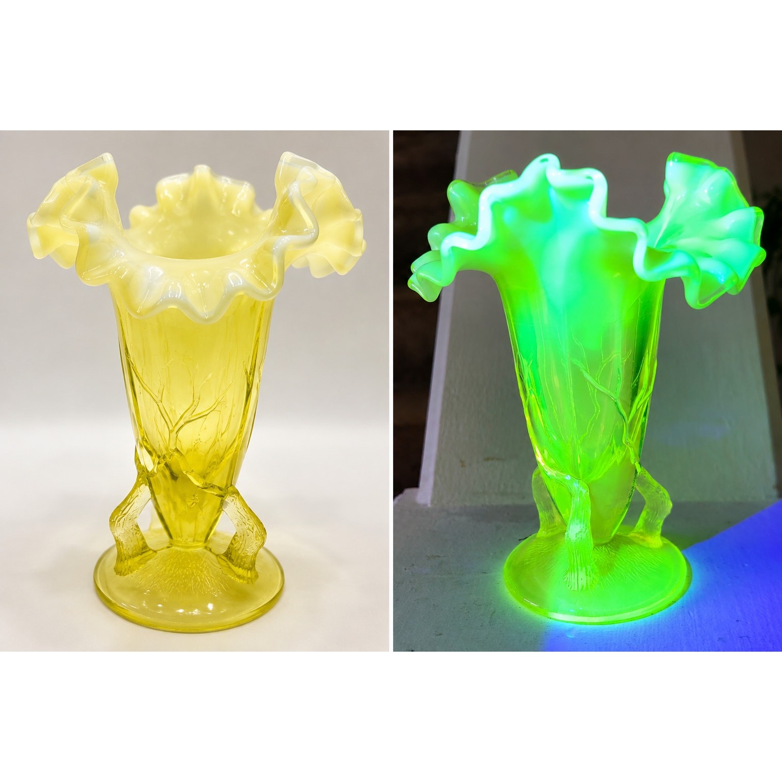 Antique Northwood Twigs Vaseline Uranium Opalescent Glass Vase c1898 6”