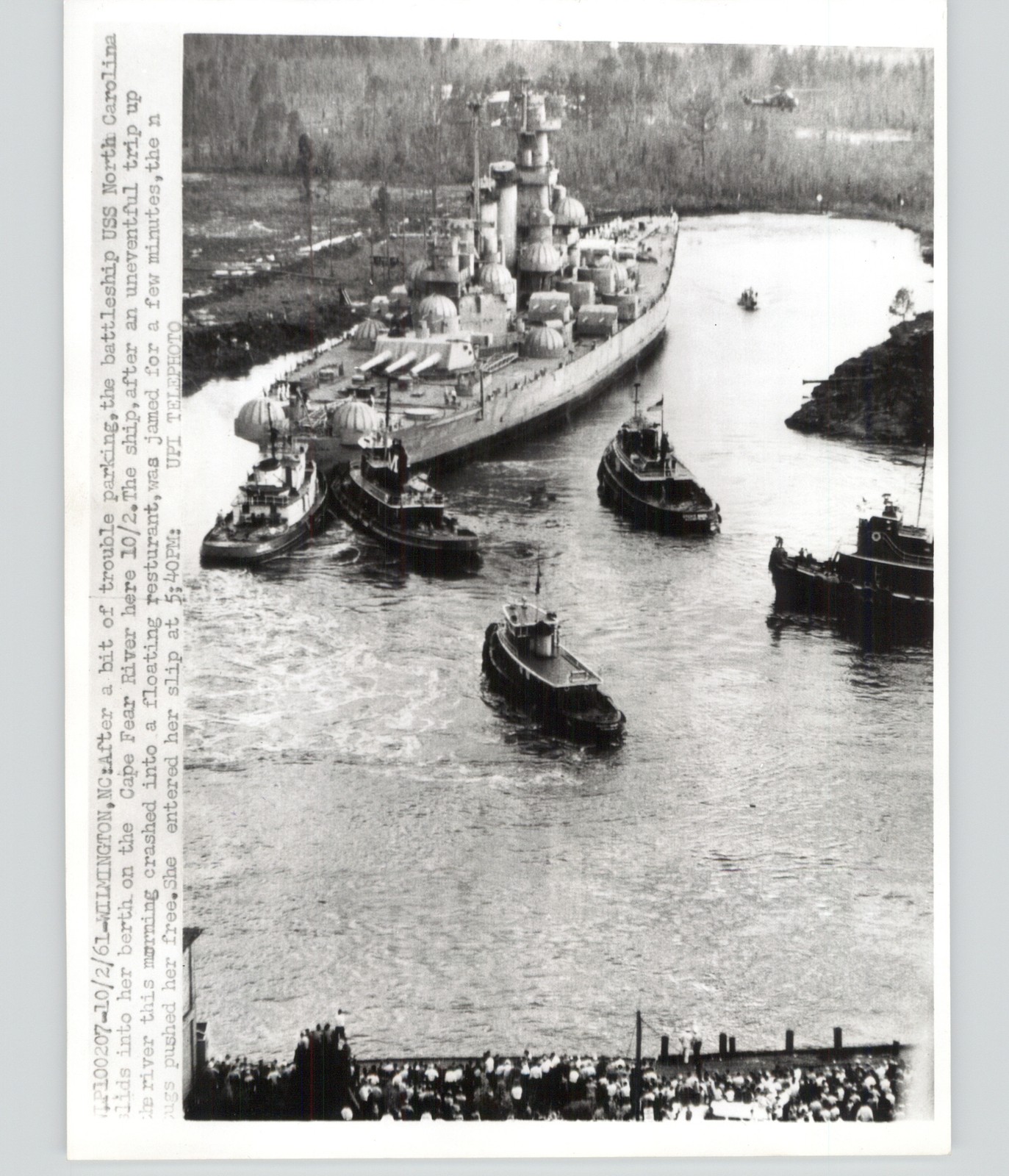 USS North Carolina Arriving At Wilmington Harbor Berth 1961 Press Photo