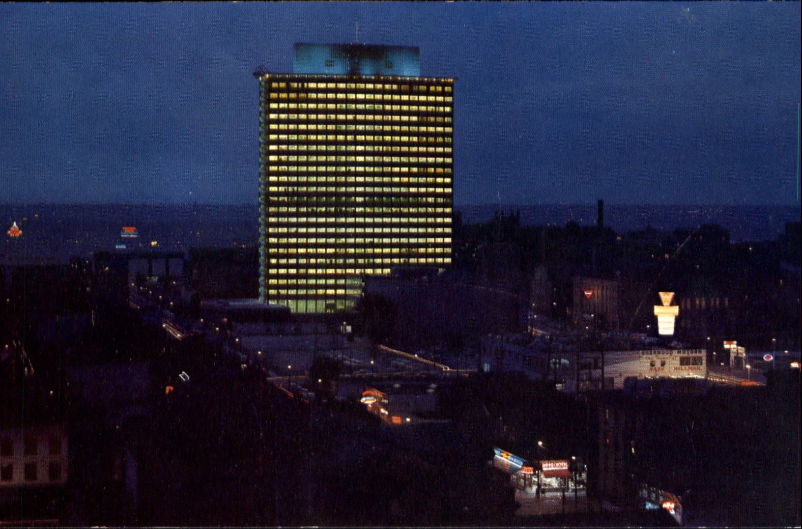 BC Electric Building ~ night Vancouver British Columbia Canada ~ aerial 1970s