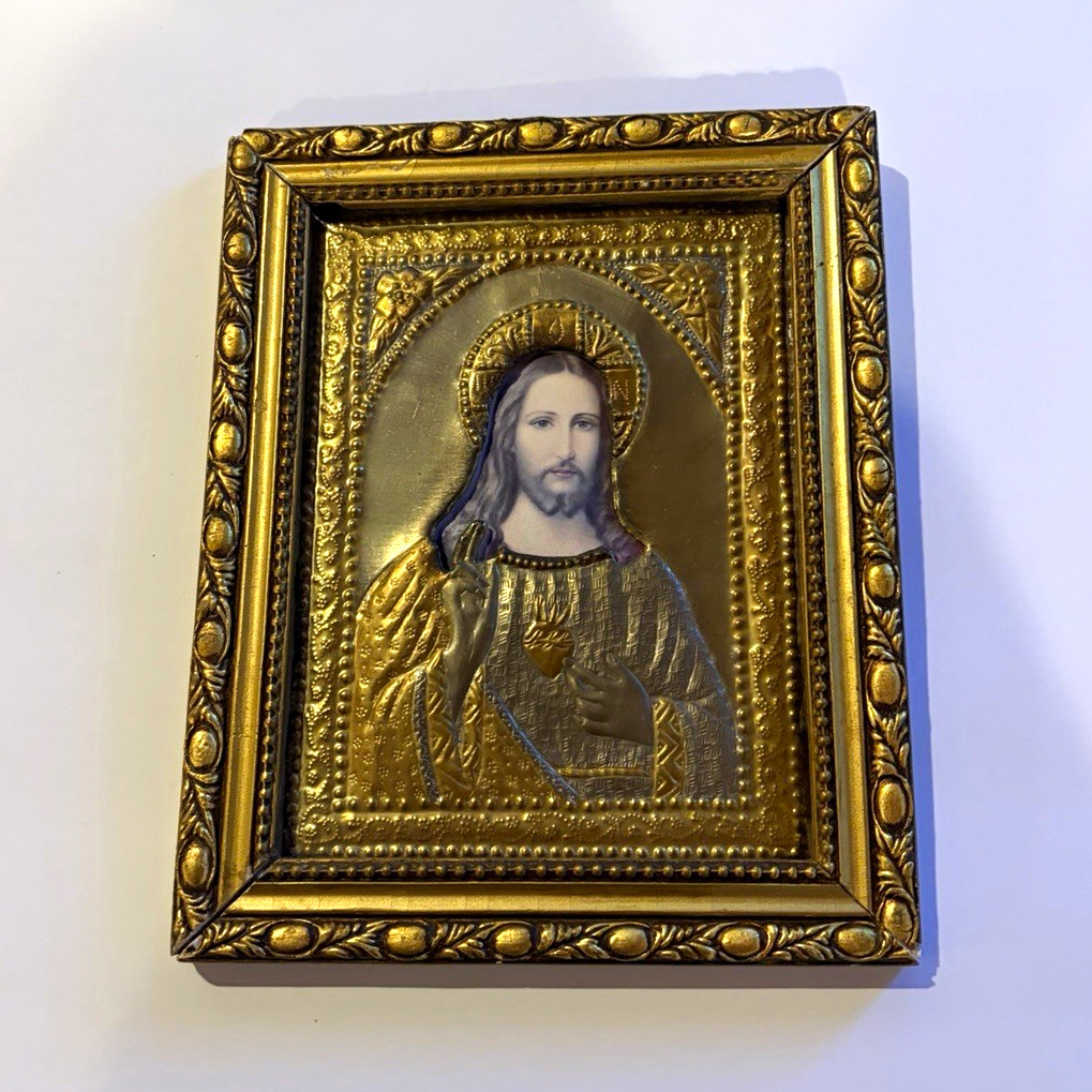 Vintage Catholic Sacred Heart of Jesus Embossed Picture Gold & Silver Tone Frame