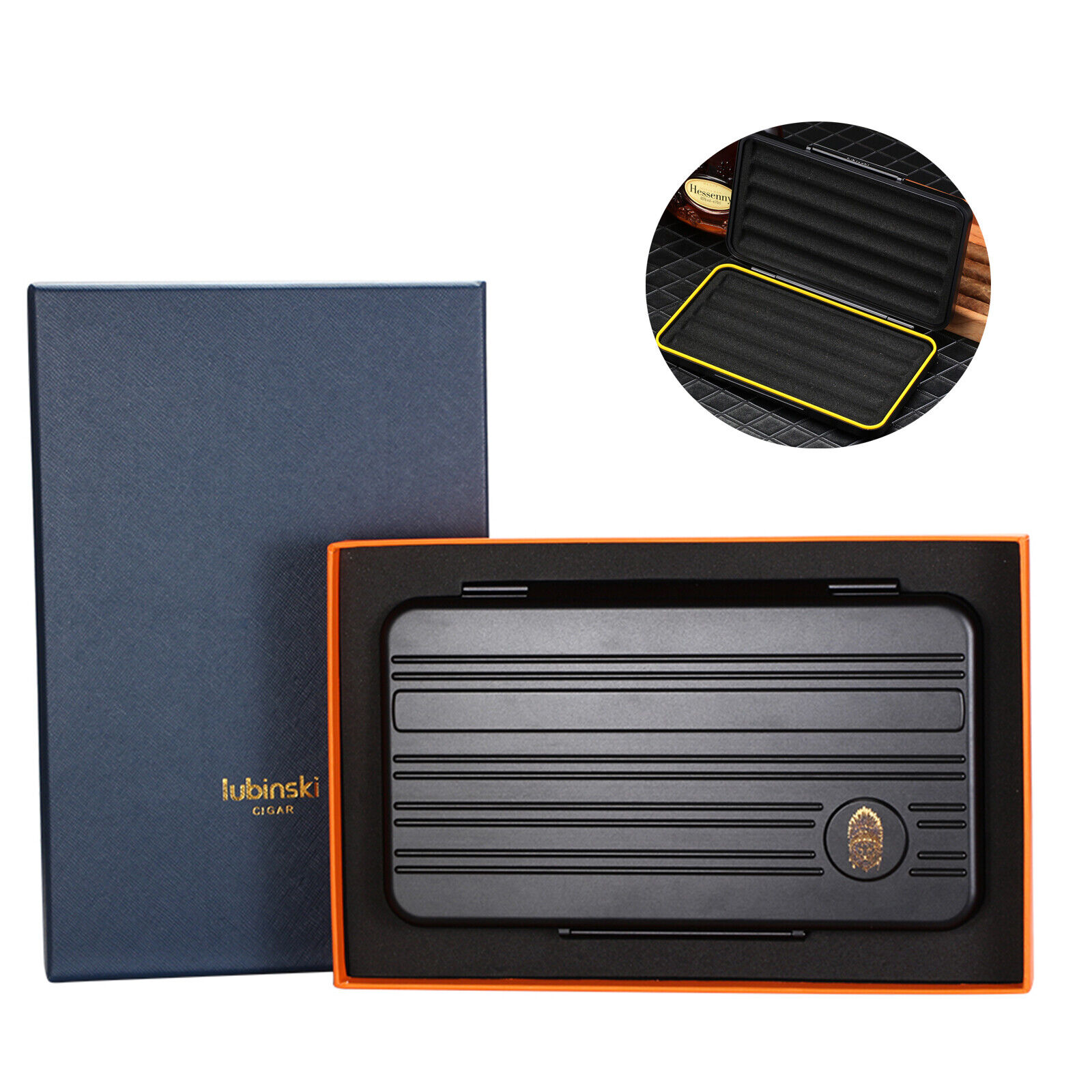 Lubinski Travel Metal Humidor 5 Tube Cigars Case Luxury Portable Tobacco Box Set