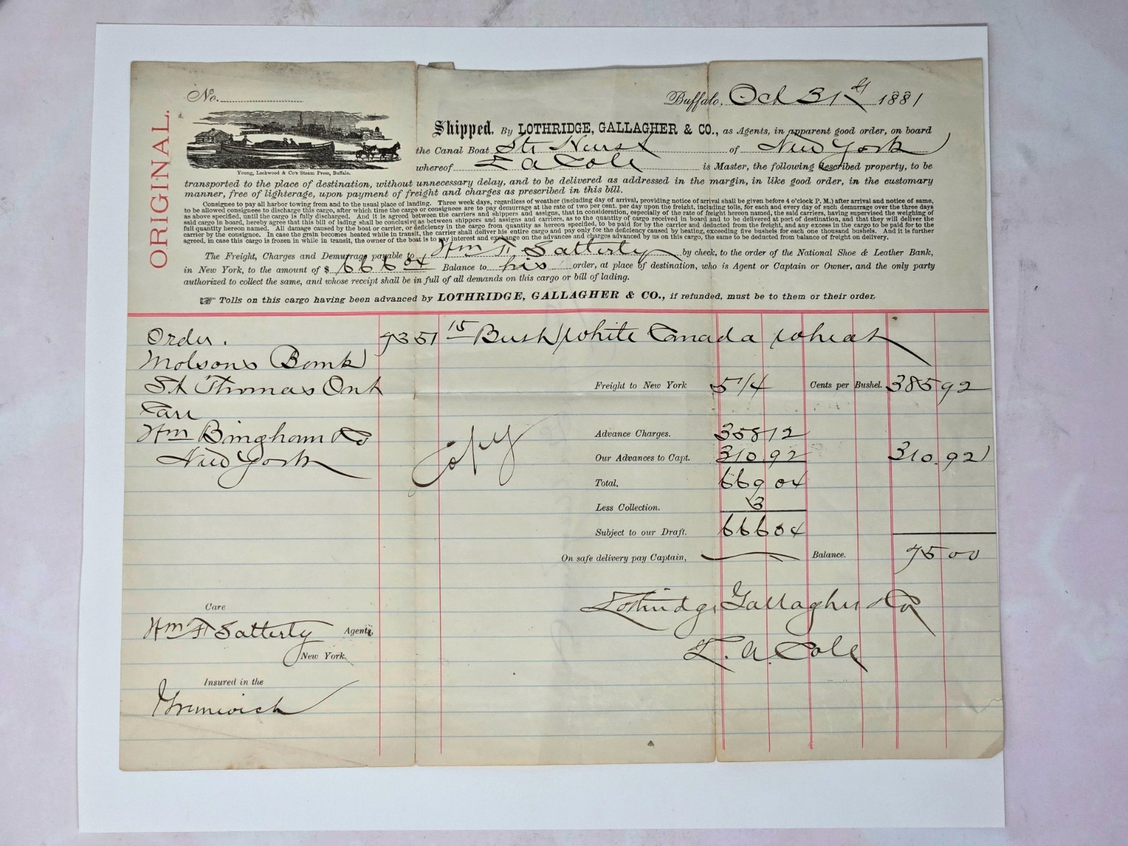 1881 Bill Head, Erie Canal Steamer Hurst, NY. Shipping Receipt, Lothridge co. 1881 Bill Head, Erie Canal Steamer Hurst, NY. Shipping Receipt, Lothridge co.