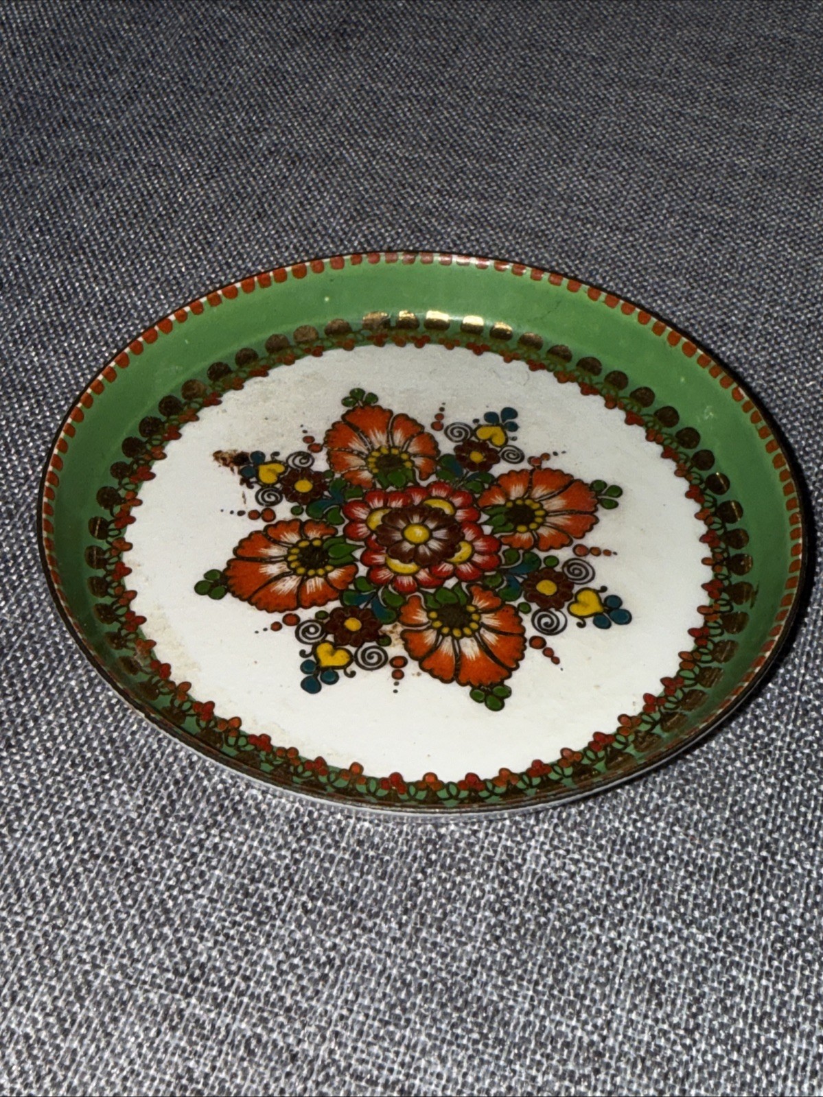 Vtg Steinbock Email Handmade Austrian  Small Enamel Trinket Dish Green Gold