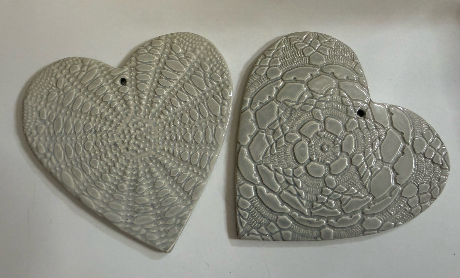 Set of 2 Portuguese Ceramic Heart Wall Hangings Raised Lace Design Portugal