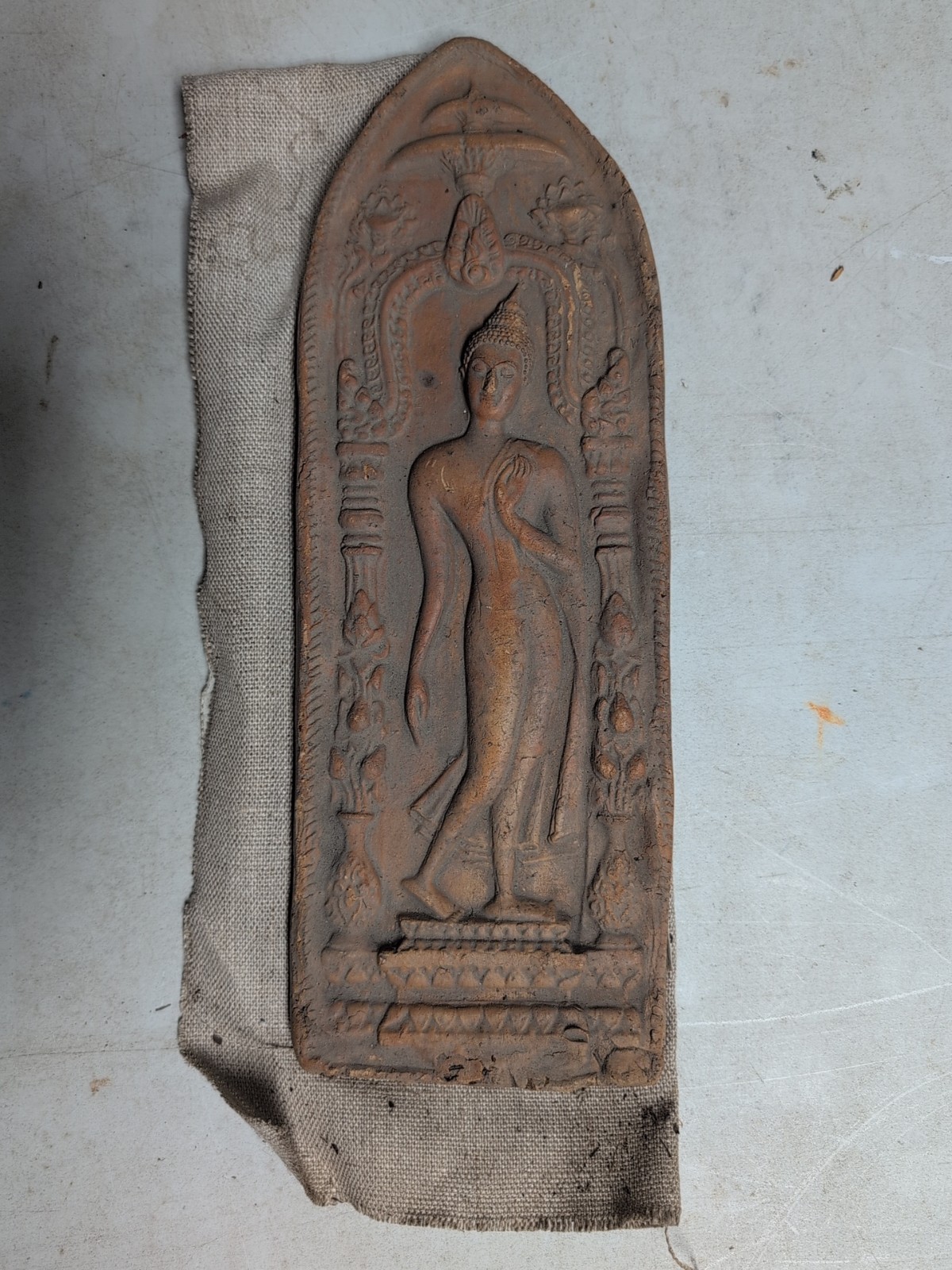 Thai Buddhist Tablet Terracotta Tile Amulet  Phra Leela The Walking Buddha Vtg