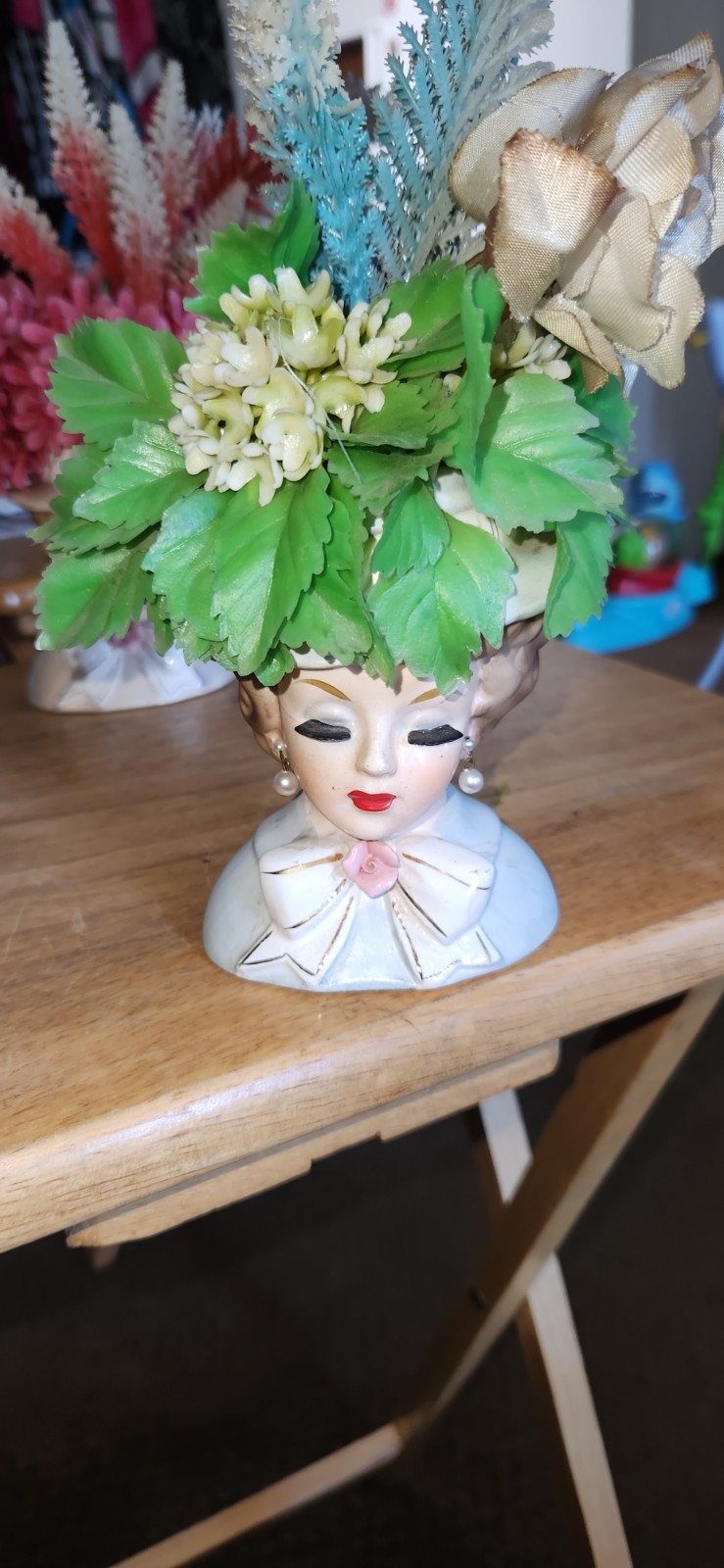 Inarco ~ Lady Head Planter E-1066 Japan Ceramic Vase Green Outfit *VINTAGE 1963