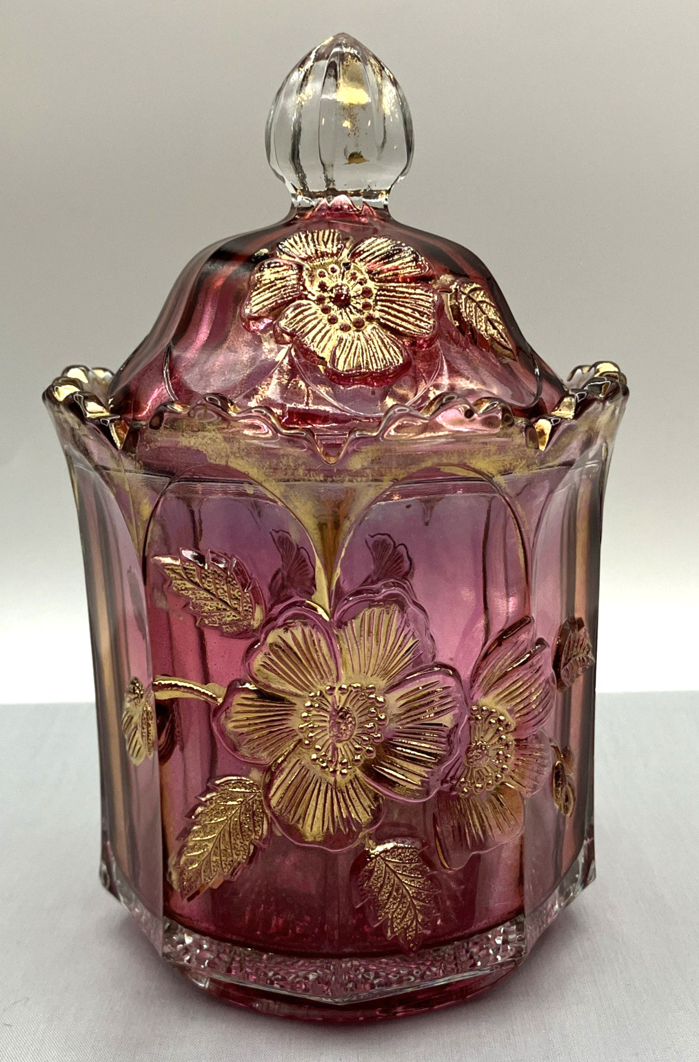 EAPG Northwood Gold Rose in Ruby Candy Jar Maidens Blush With Gold Gild