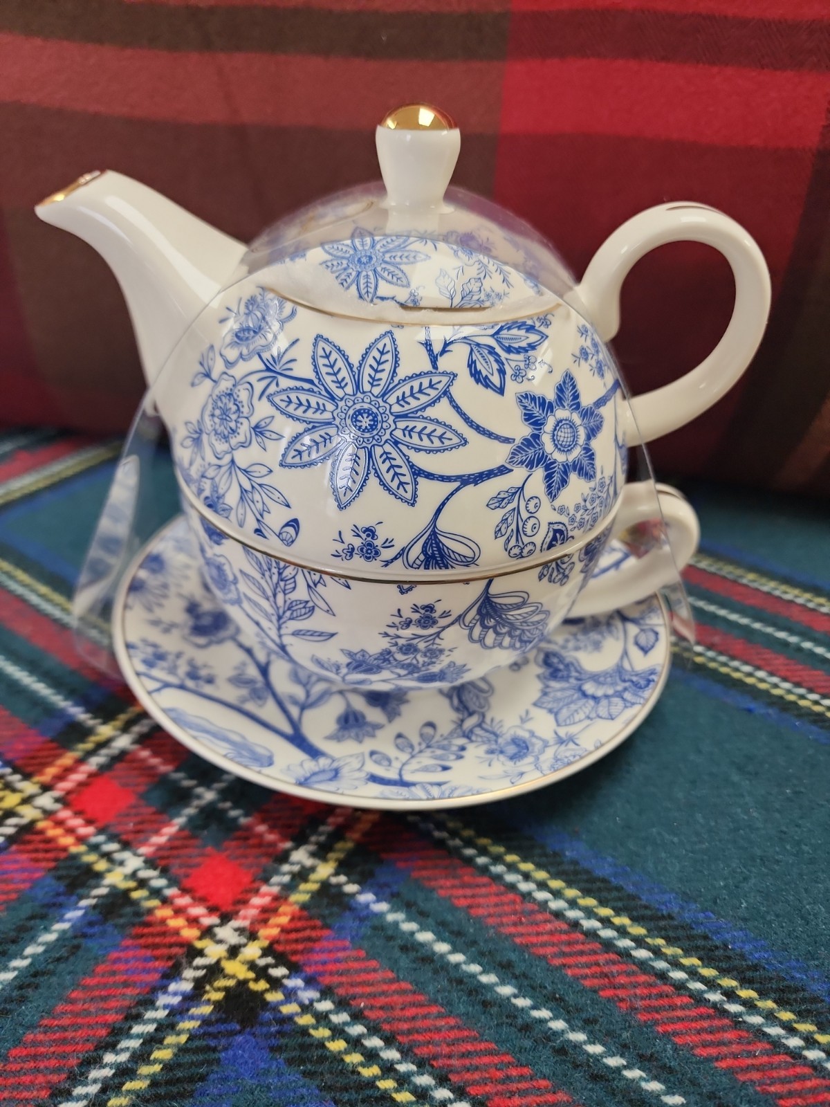 Grace Teaware Tea for 1 \'BLUE VINE\' Floral Stacking Teapot w/Cup & Saucer NEW