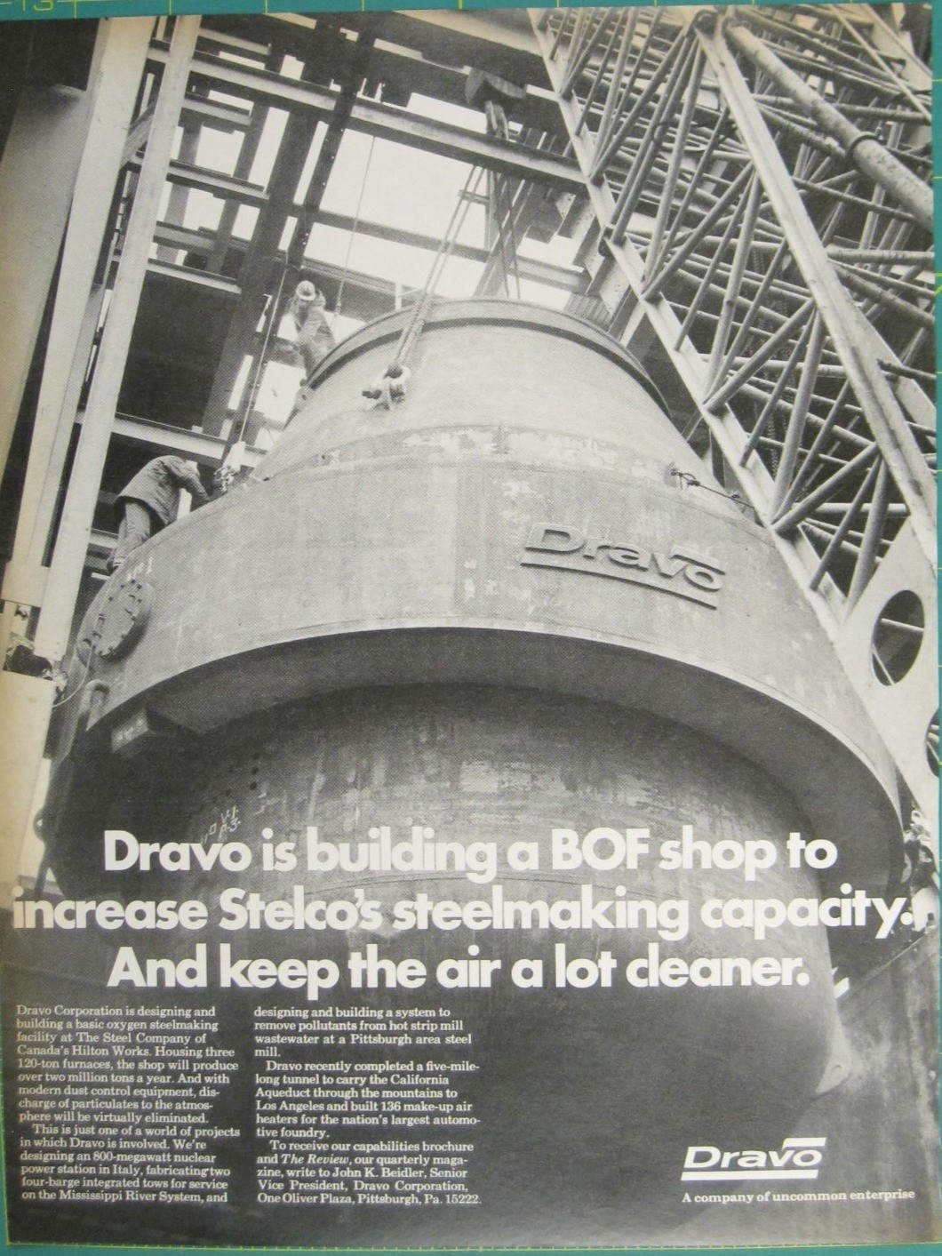 Print Ad Dravo BOF Shop Increase Stelcos Steelmaking 1970s Vintage Industrial