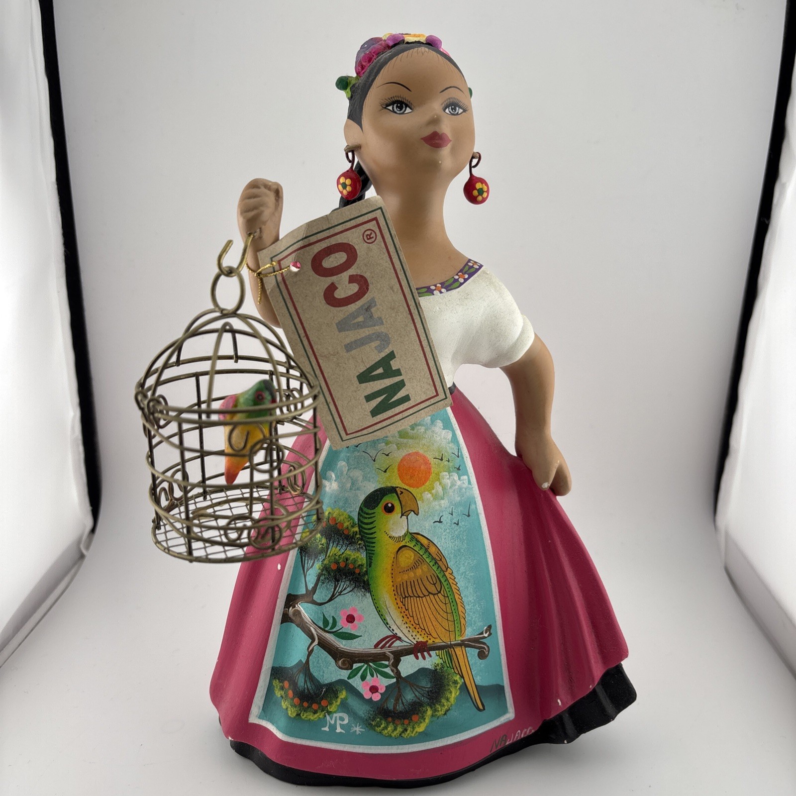 Najaco Mexican Lupita Figurine w/ Parrot Bird Cage Tonala Mexico