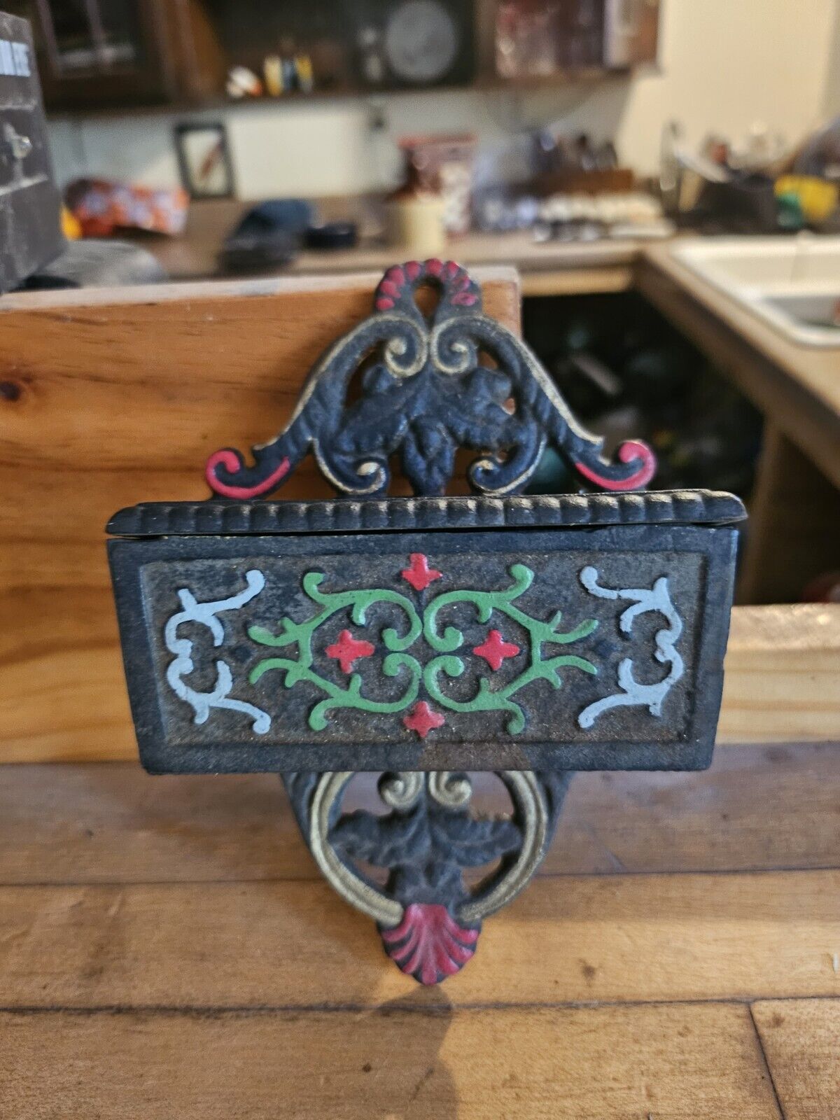 Vintage Cast Iron Wilton Hand Painted Match Safe Hinged Wall Mount