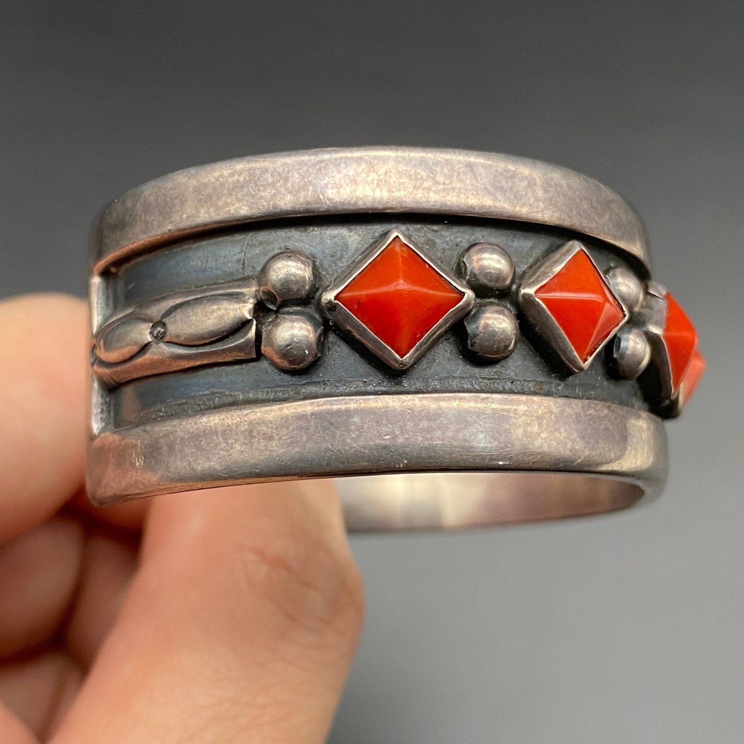 Vintage Navajo Native Handmade Coral Sterling Silver Bracelet Cuff 6-1/2\