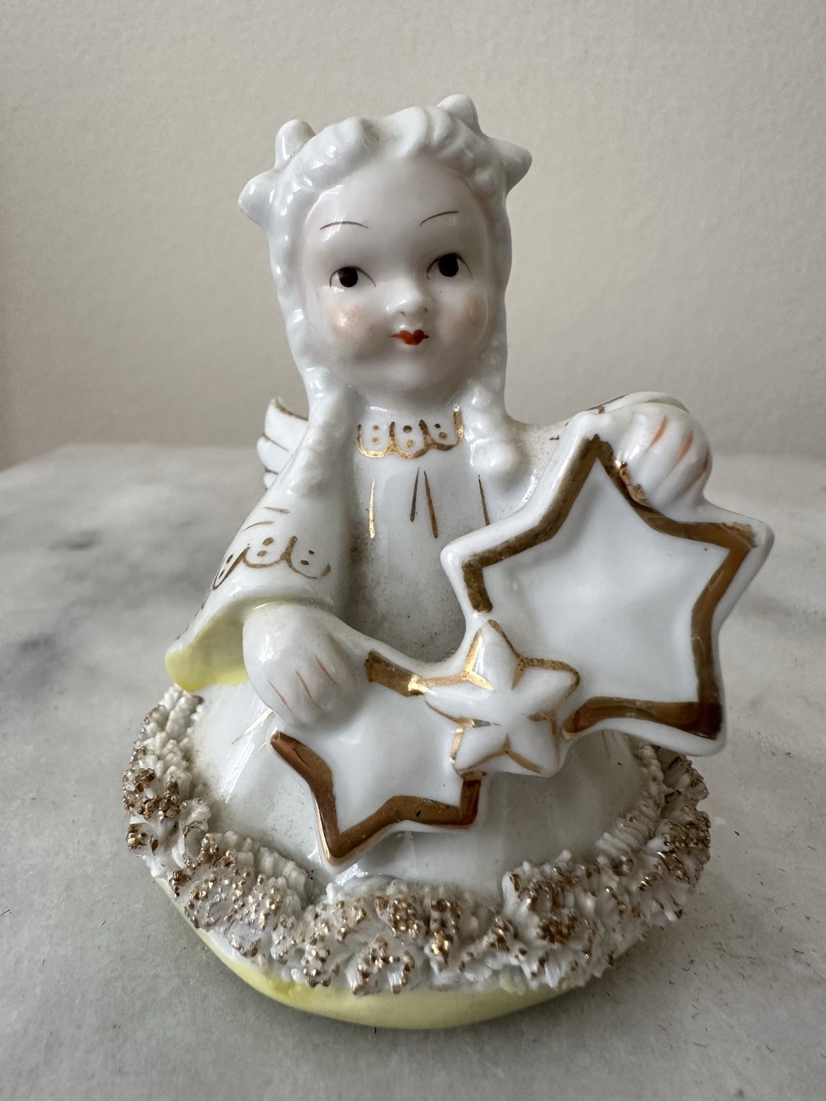 Vintage Norcrest Japan Christmas Angel Double Star Spaghetti Gold Trim Figurine