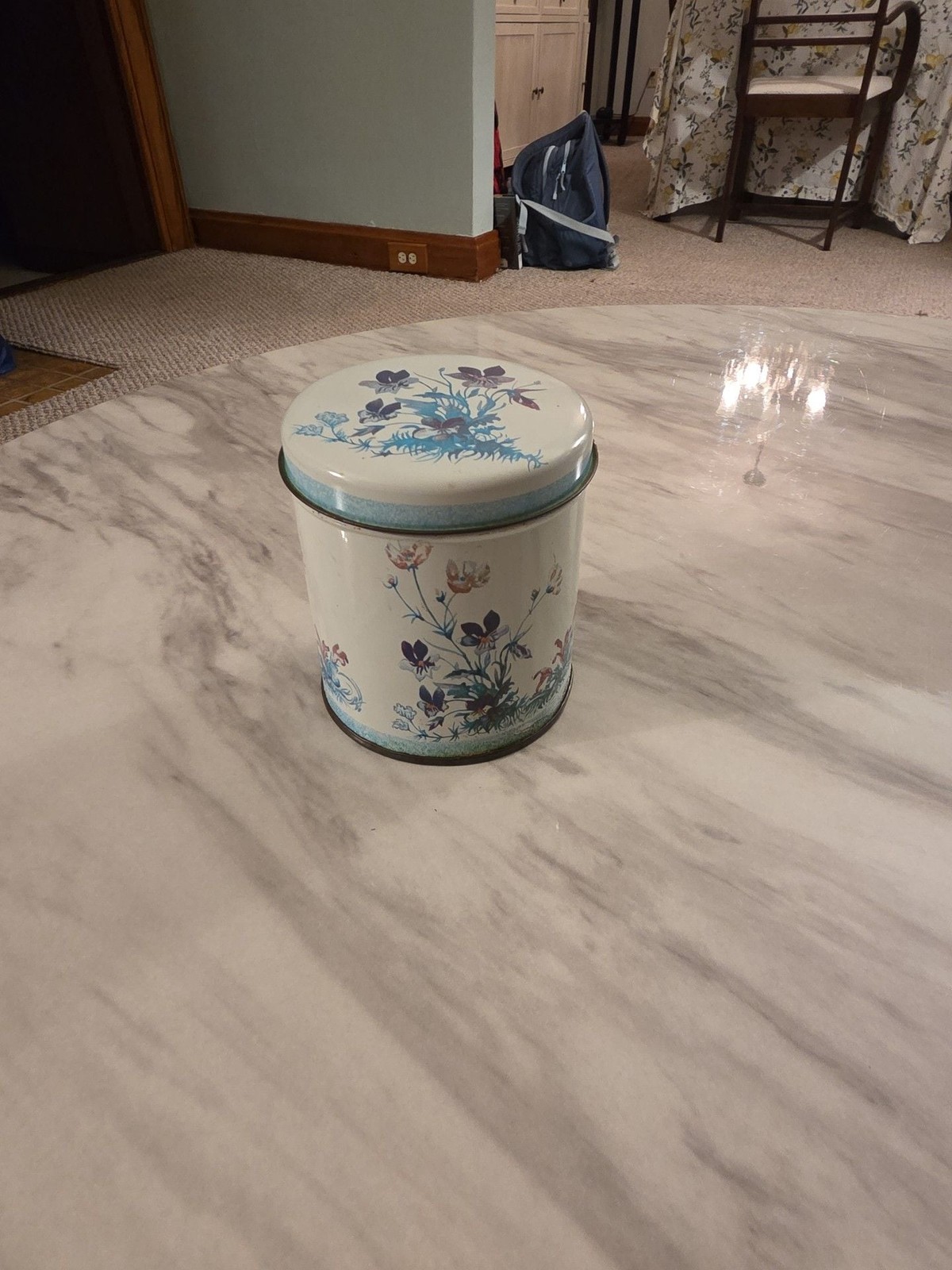 Vintage Floral Metal Storage Tin Canister Blue and White