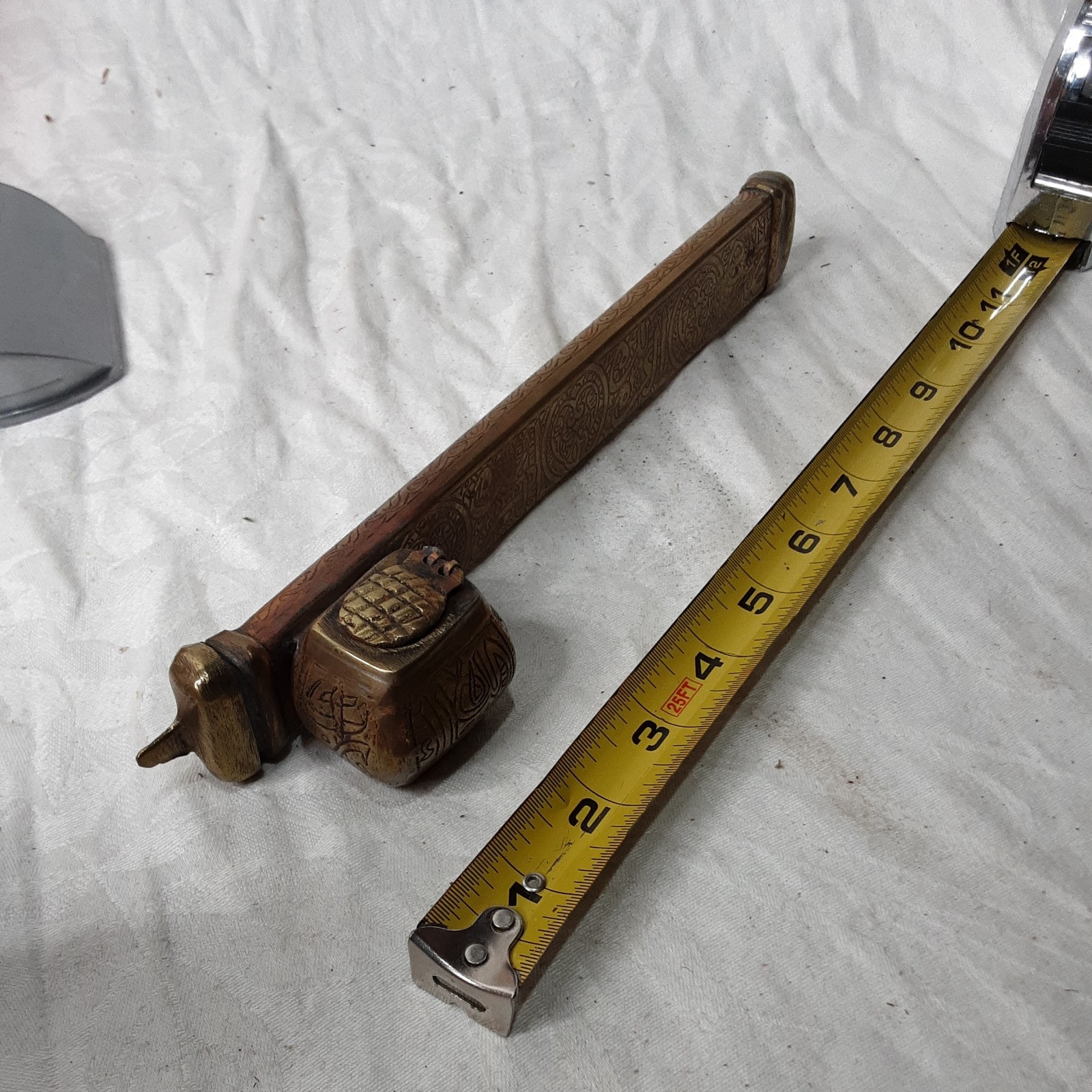 Antique Brass Inkwell & Pen Holder Hand-Engraved Desk Writing Tool 9 In Long