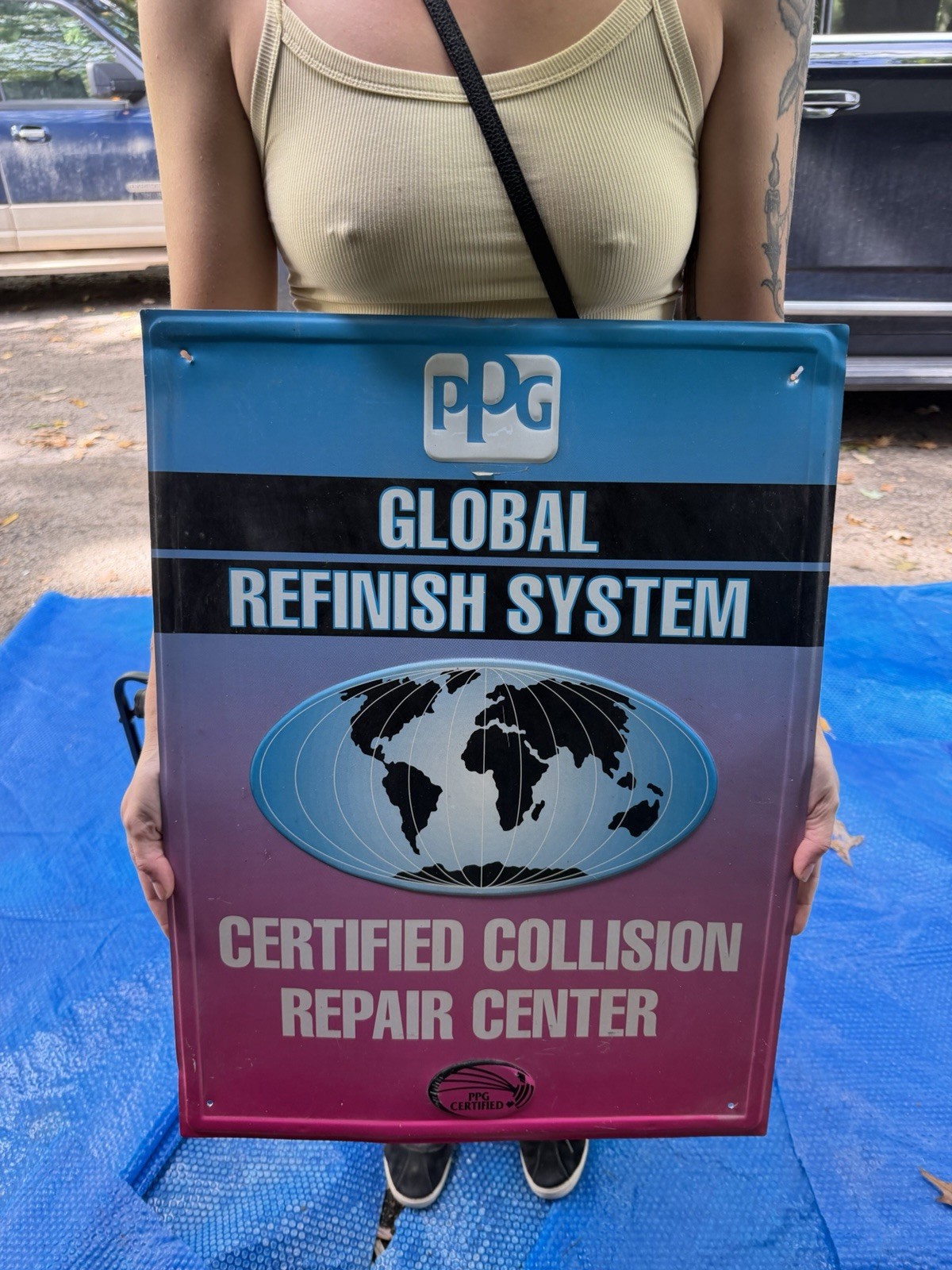 Vtg PPG Auto Collision Repair Center Paint Sign Metal Global System Gas Oil