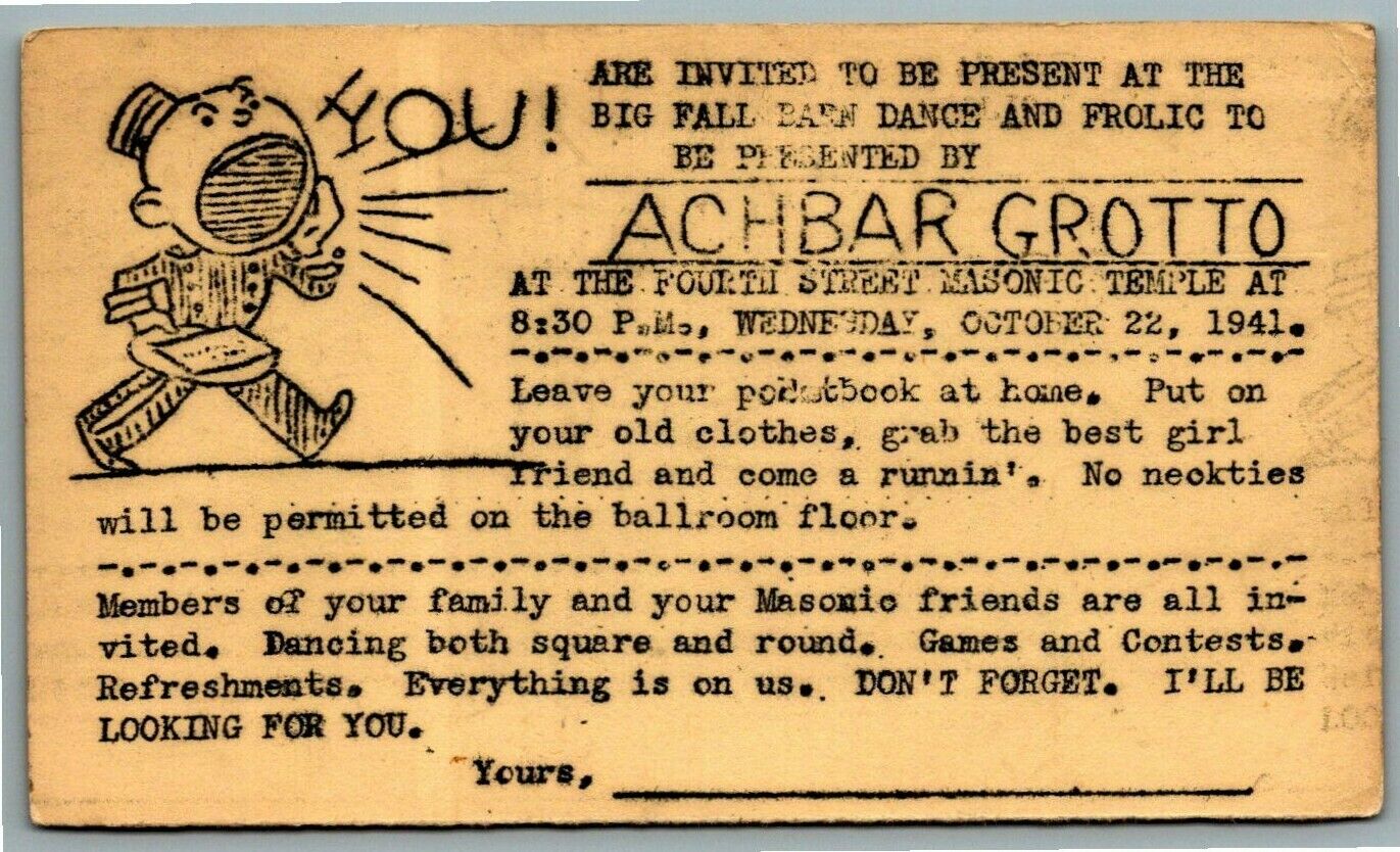 1941 Postcard Invitation~ Achbar Grotto~ Big Fall Barn Dance~ Columbus, Ohio~ OH