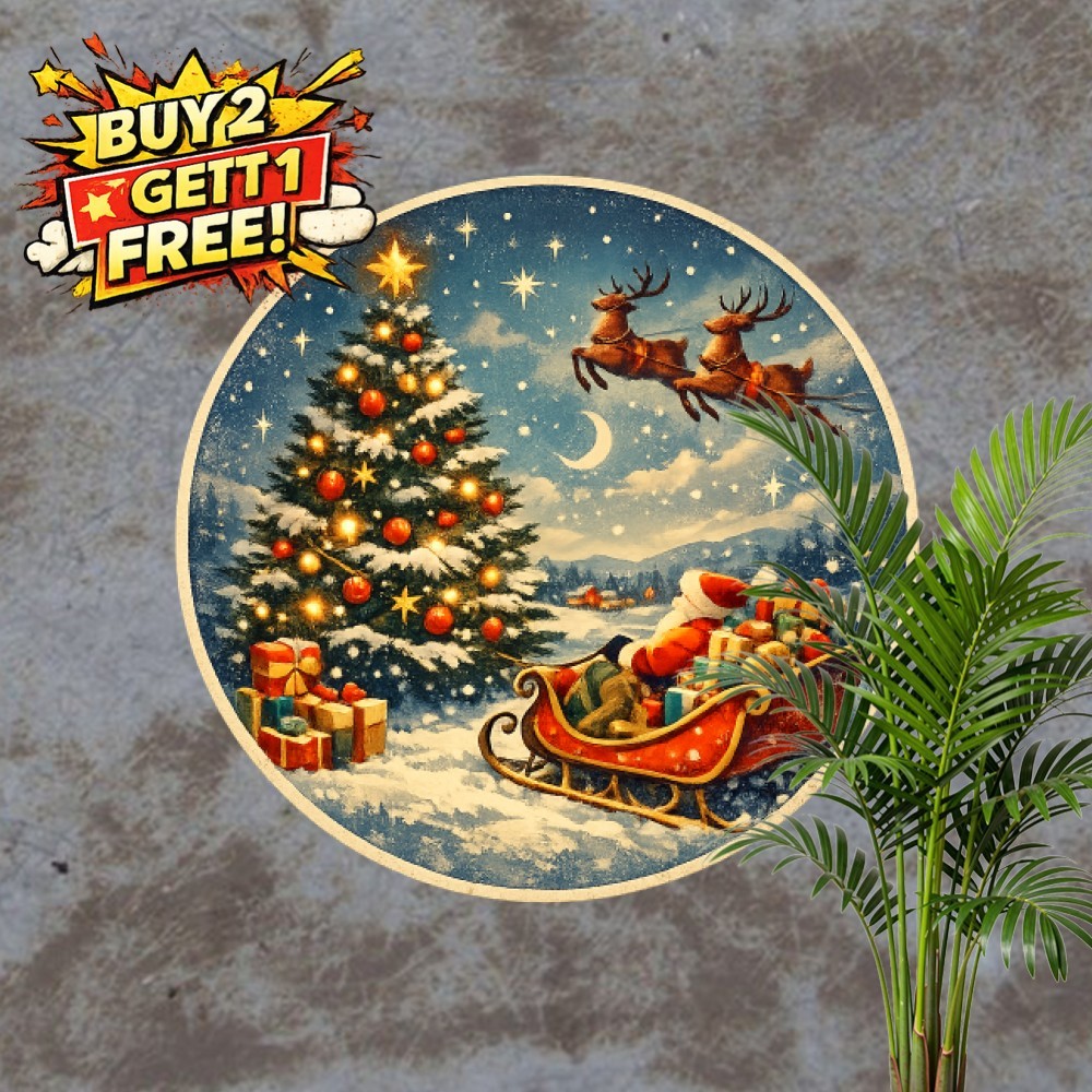 Holiday Santa Reindeer Sleigh Winter Scene Round Metal Tin Sign 8x8 Inch