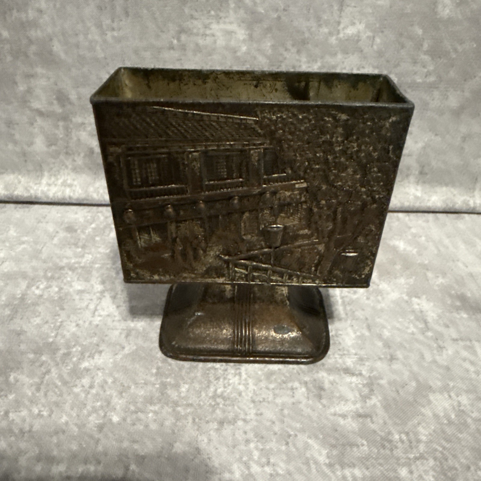 Vtg Antimony Japan Art Deco Cast Metal Cigarette Match Holder Teahouse Relief 3\