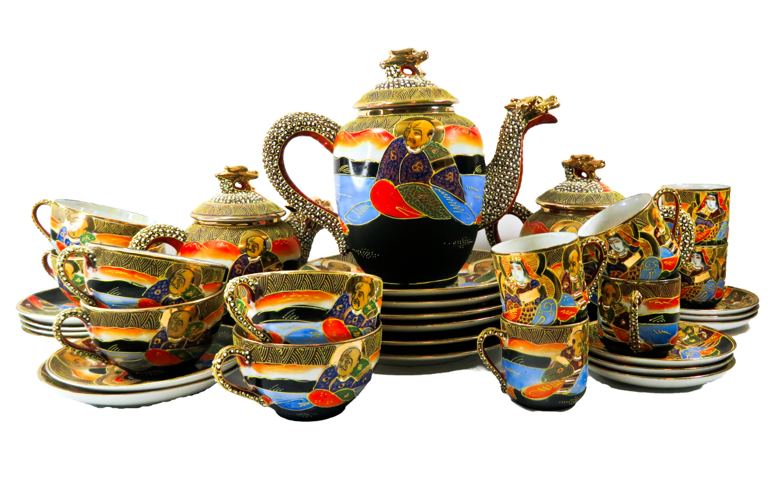 Vintage Japanese Satsuma Moriage Gold Dragon Ware 36 Piece Tea Coffee Set For 6