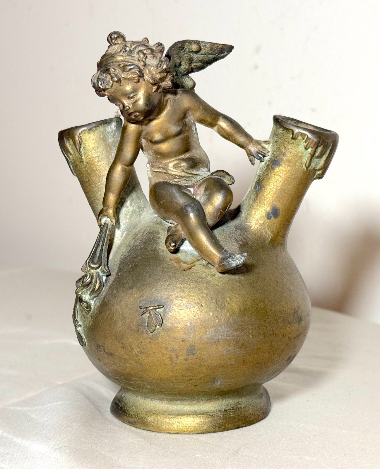 Antique 1800\'s  CHARLES GEORGES FERVILLE Suan bronze patinated cherub bud vase