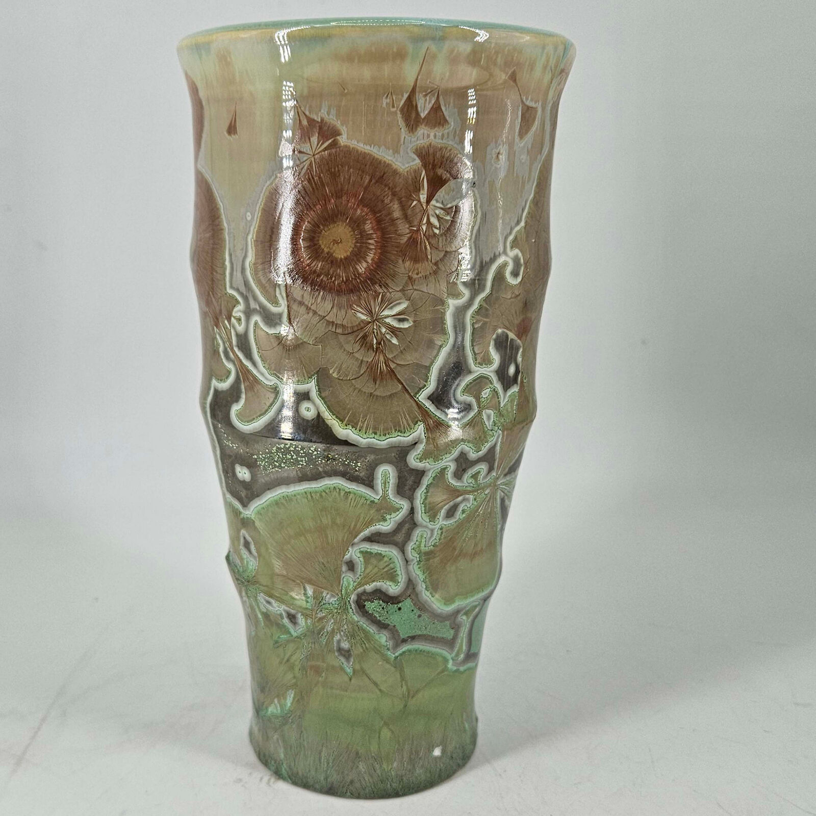 Vintage Art Pottery unique Crystalline Green Brown Vase Signed