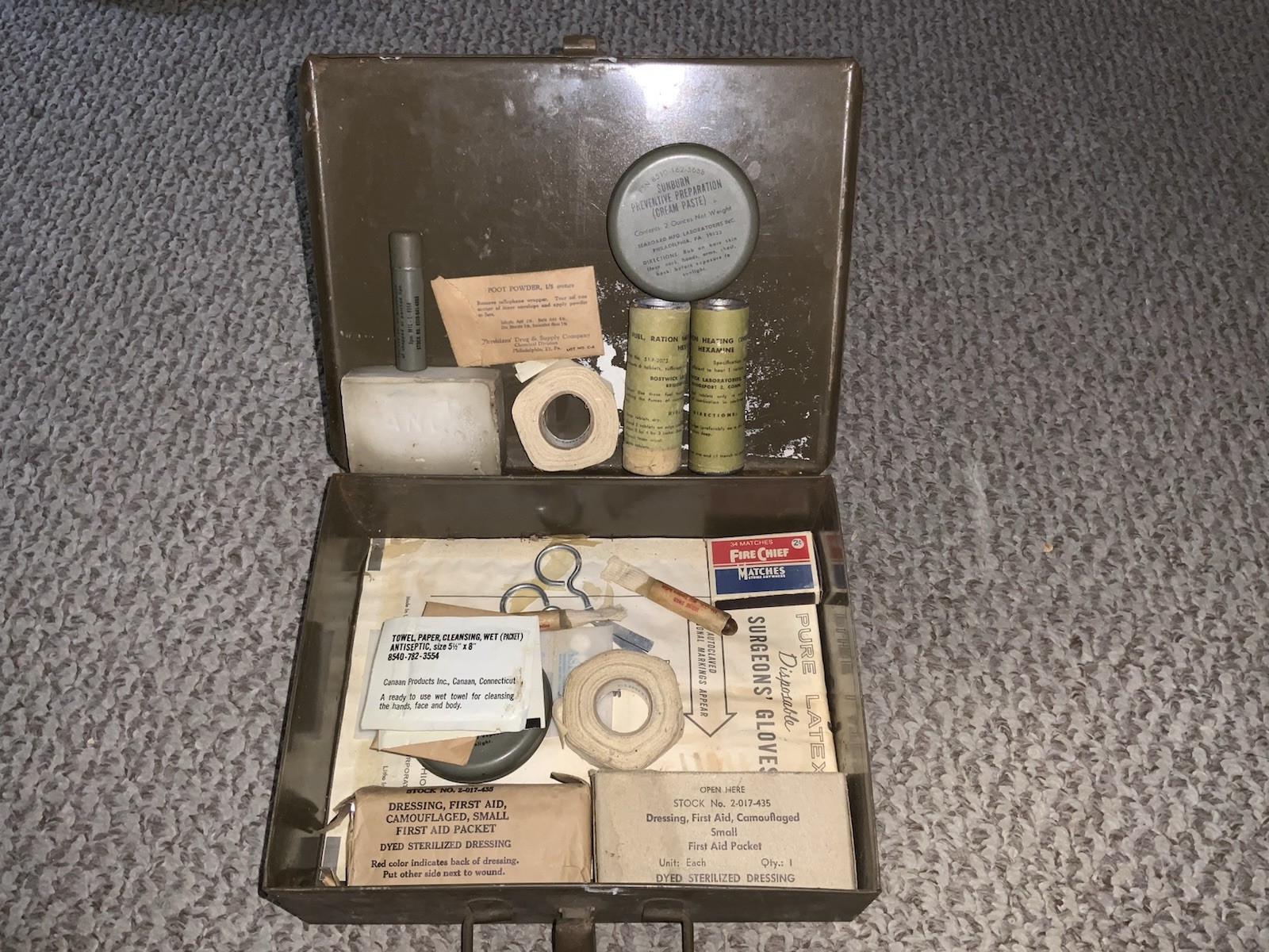 Vintage Metal First Aid Kit Collectible Metal Box with Contents Rare