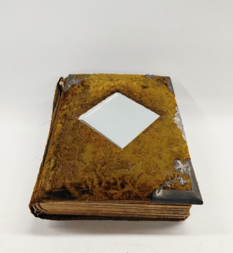 Antique Victorian Plush Velvet Photo Album Beveled Mirror Metal Corners Cabinet 