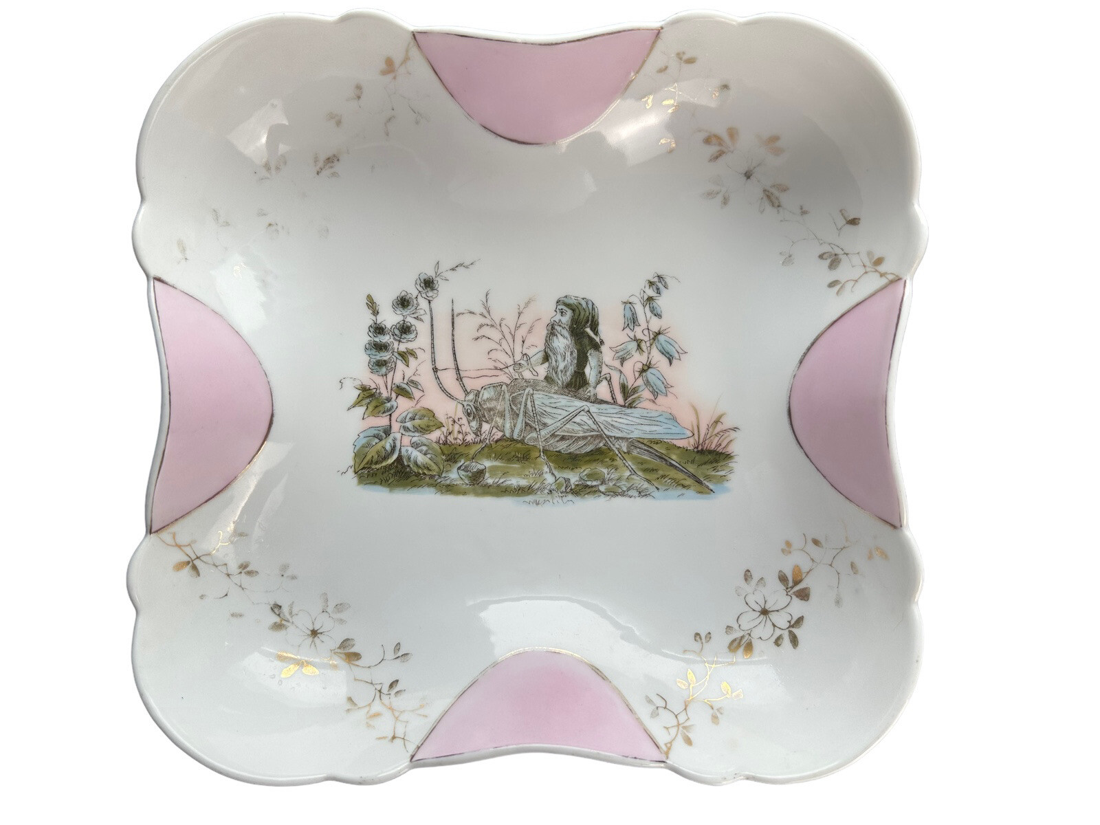 Porcelain Victorian Plate Folklore Gnome Riding Grasshopper Whimsical Gold Rare